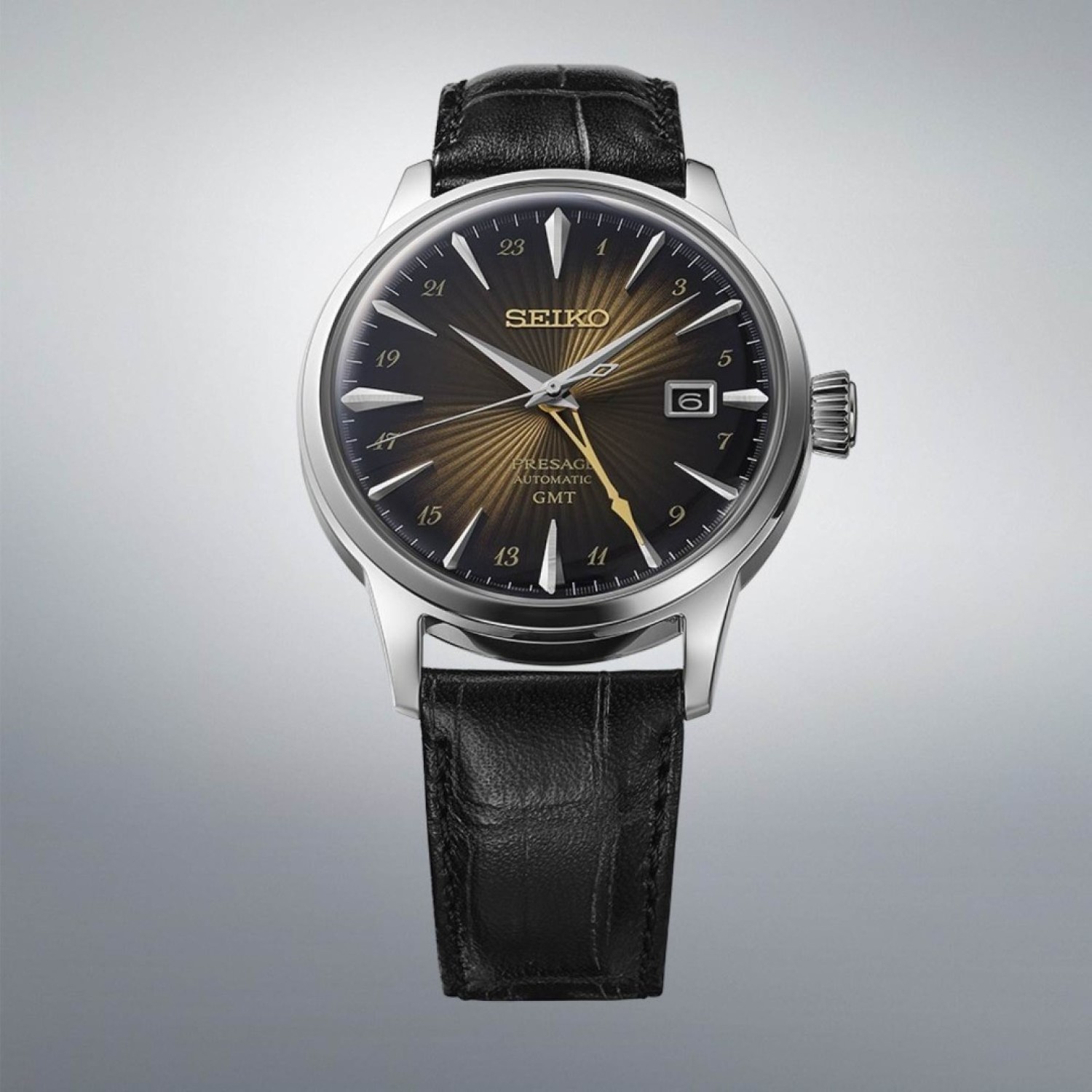 Christies Jewellery - SSK039J Seiko Presage Cocktail Time GMT Watch Auckland NZ SSK039J Seiko Presage Cocktail Time GMT Watch with Brown Dial and Black Leather Strap