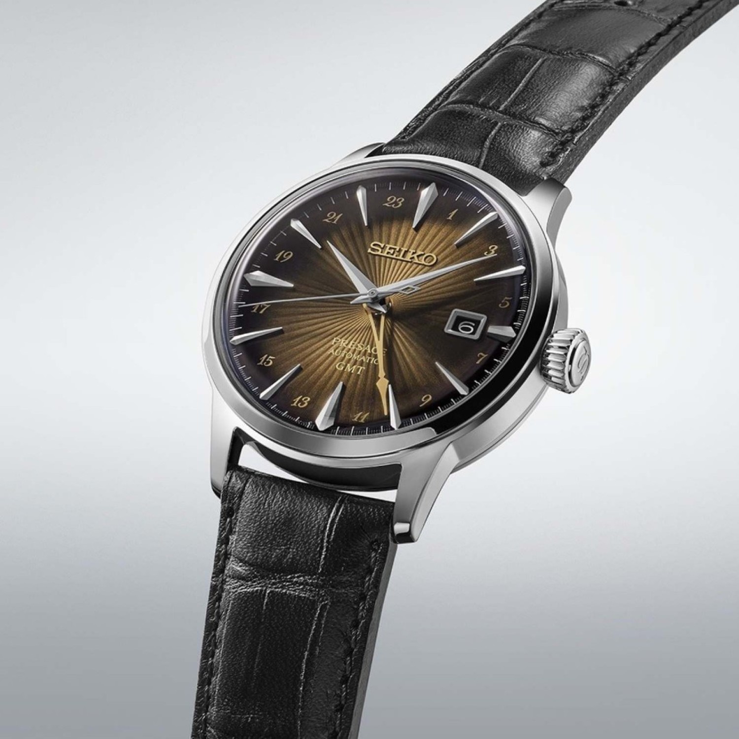 Christies Jewellery - SSK039J Seiko Presage Cocktail Time GMT Watch Auckland NZ SSK039J Seiko Presage Cocktail Time GMT Watch with Brown Dial and Black Leather Strap