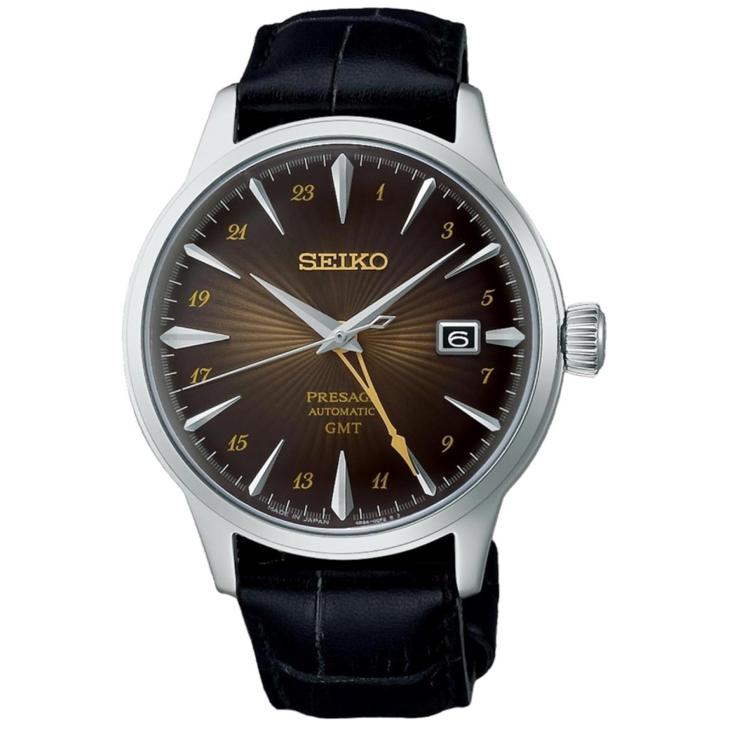 Christies Jewellery - SSK039J Seiko Presage Cocktail Time GMT Watch Auckland NZ SSK039J Seiko Presage Cocktail Time GMT Watch with Brown Dial and Black Leather Strap
