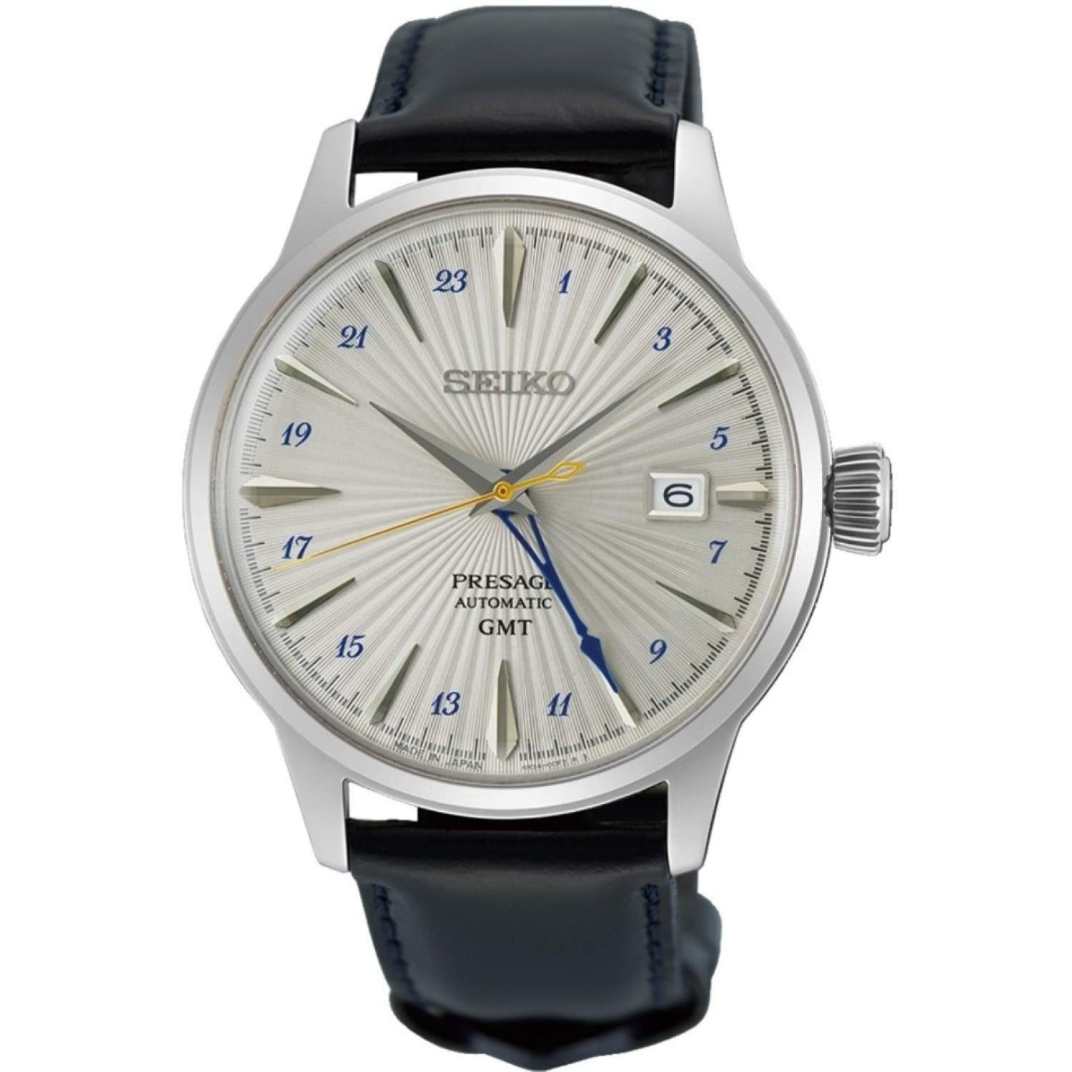 Seiko Presage Cocktail Time GMT SSK049J Watch Seiko Presage Cocktail Time GMT Silver Bullet SSK049J dial closeup
