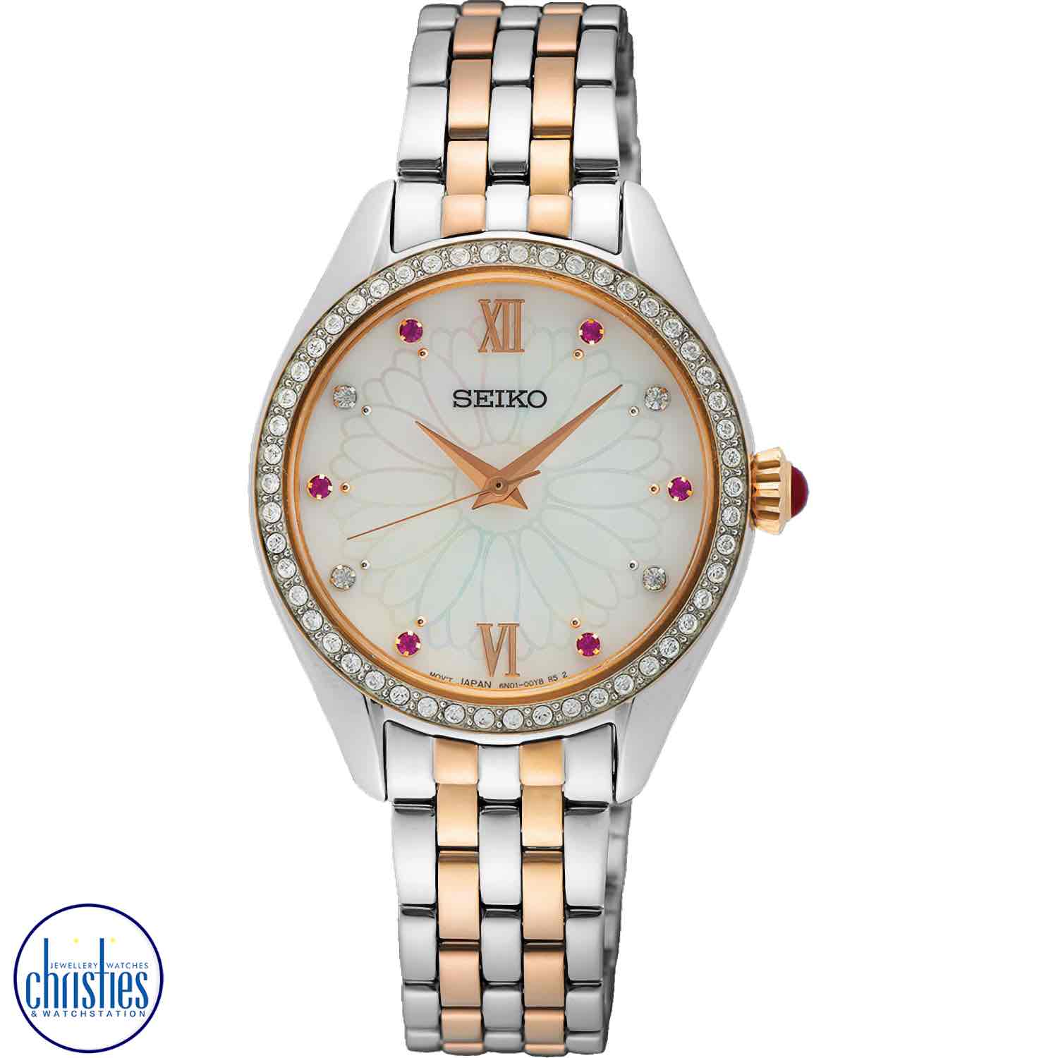 Experience the beauty and accuracy of the Seiko Quartz Analogue SUR542P, with its mother of pearl dial, crystal-set bezel, and stainless steel case with rose gold finish. Get yours today and add a touch of elegance to your wardrobe.