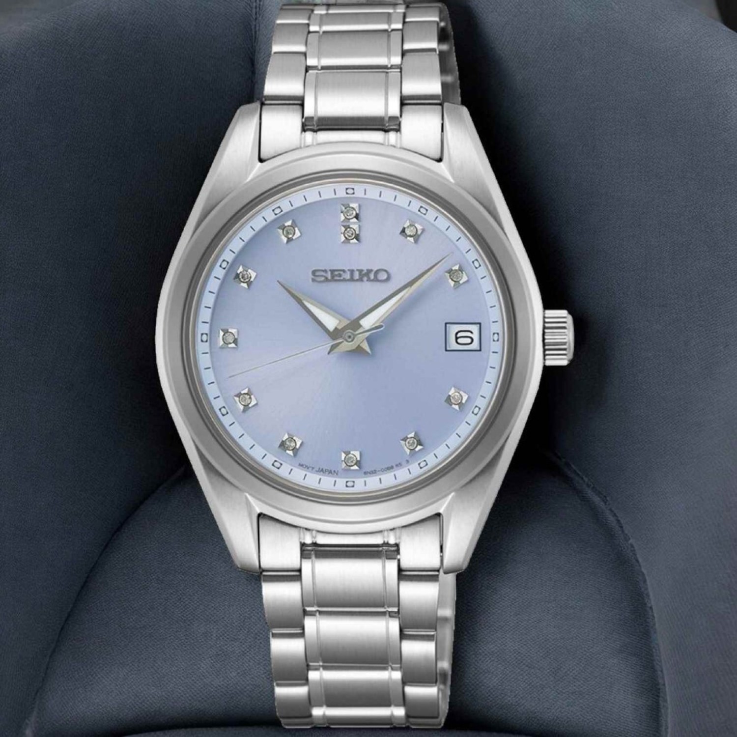 Christies Jewellery - SUR581P Seiko Ladies Analogue Watch Auckland NZ SUR581P Seiko Ladies Analogue Watch with light Blue Dial and Diamonds