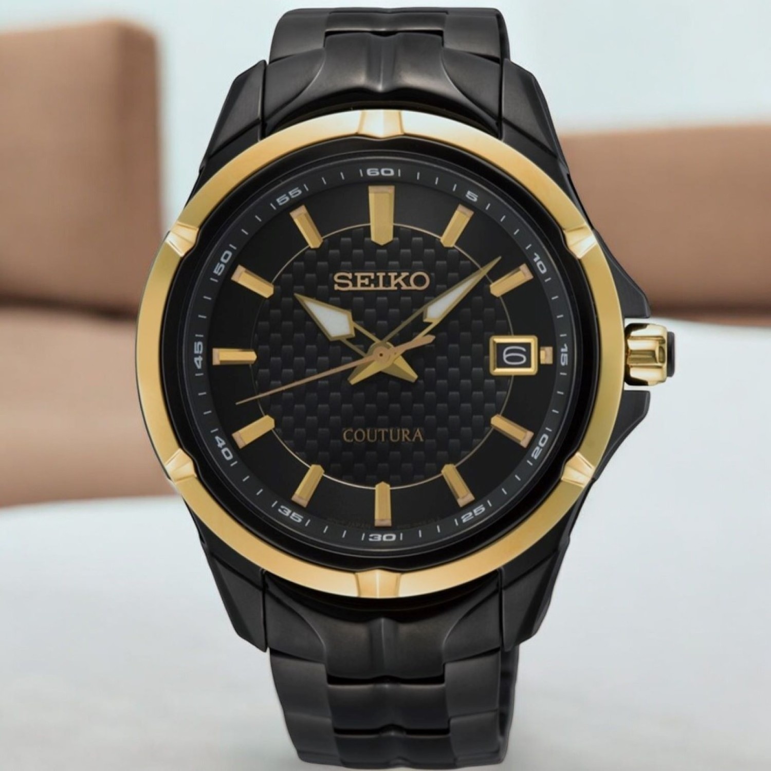 SUR598P Seiko Coutura Analogue Watch – Seiko Watches NZ | Seiko's commitment to craftsmanship ensures that each watch is made with precision and attention to detail. SUR598P Seiko Coutura Analogue Watch by Seiko Watches NZ | Black casing and strap with gold bezel
