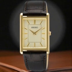 SWR106P Seiko Classic Gold Rectangular Watch with Brown Leather Strap