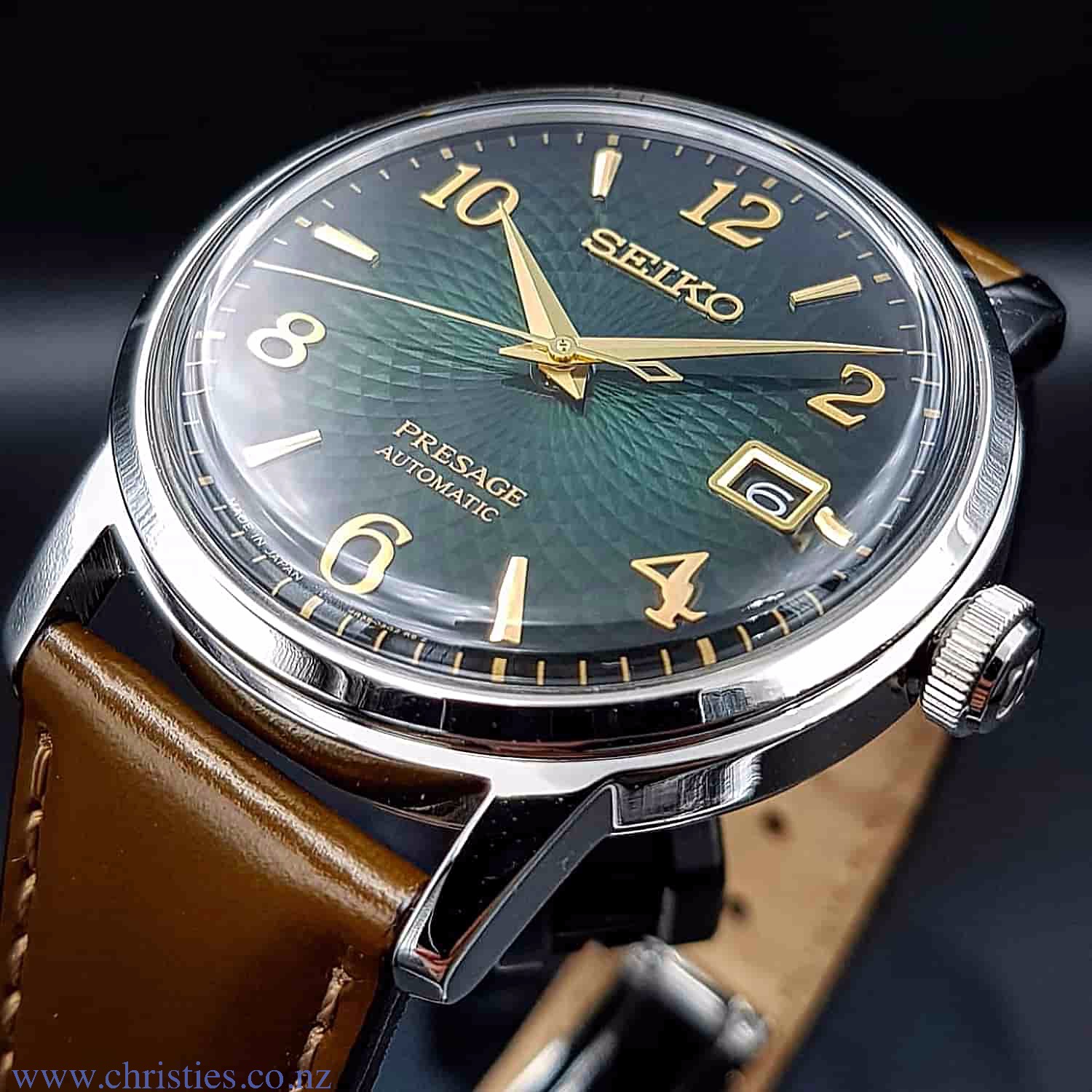 SRPE45J SEIKO Presage Cocktail Mojito Automatic Watch SRPE45J - seiko presage nz SRPE45J SEIKO Presage Cocktail Mojito Automatic Watch. The Seiko Presage SRPE45J is an automatic movement watch with a manual winding capacity. This mens watch features a stainless steel case and bracelet with a textured green face and a date function. Th