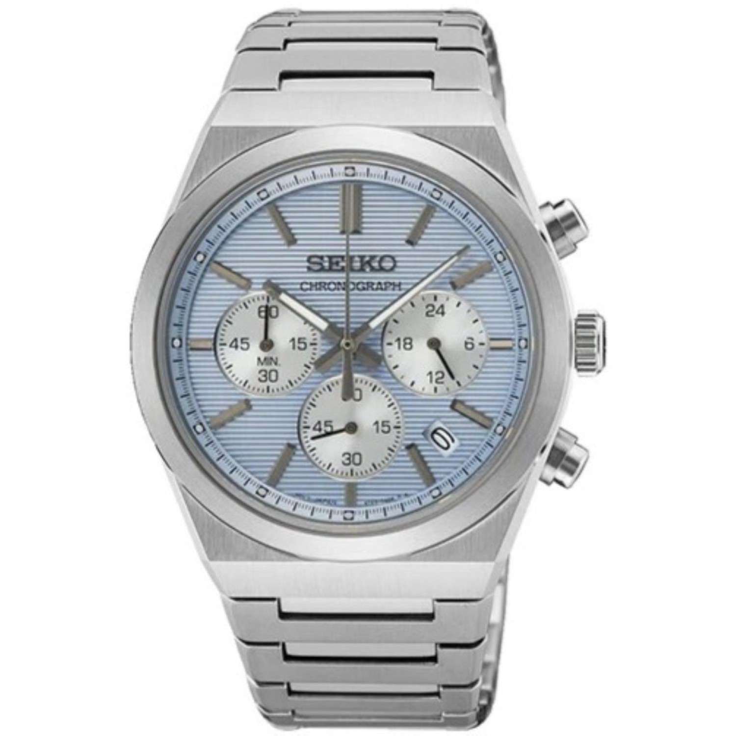 SSB459P Seiko Gents Chronograph Quartz Watch | Sleek Stainless-Steel Design with Light Blue Dial & Chronograph Function SSB459P Seiko Gents Chronograph Quartz Watch – sleek stainless-steel design, textured light blue dial, chronograph functionality, and a tachymeter scale for precision timekeeping.