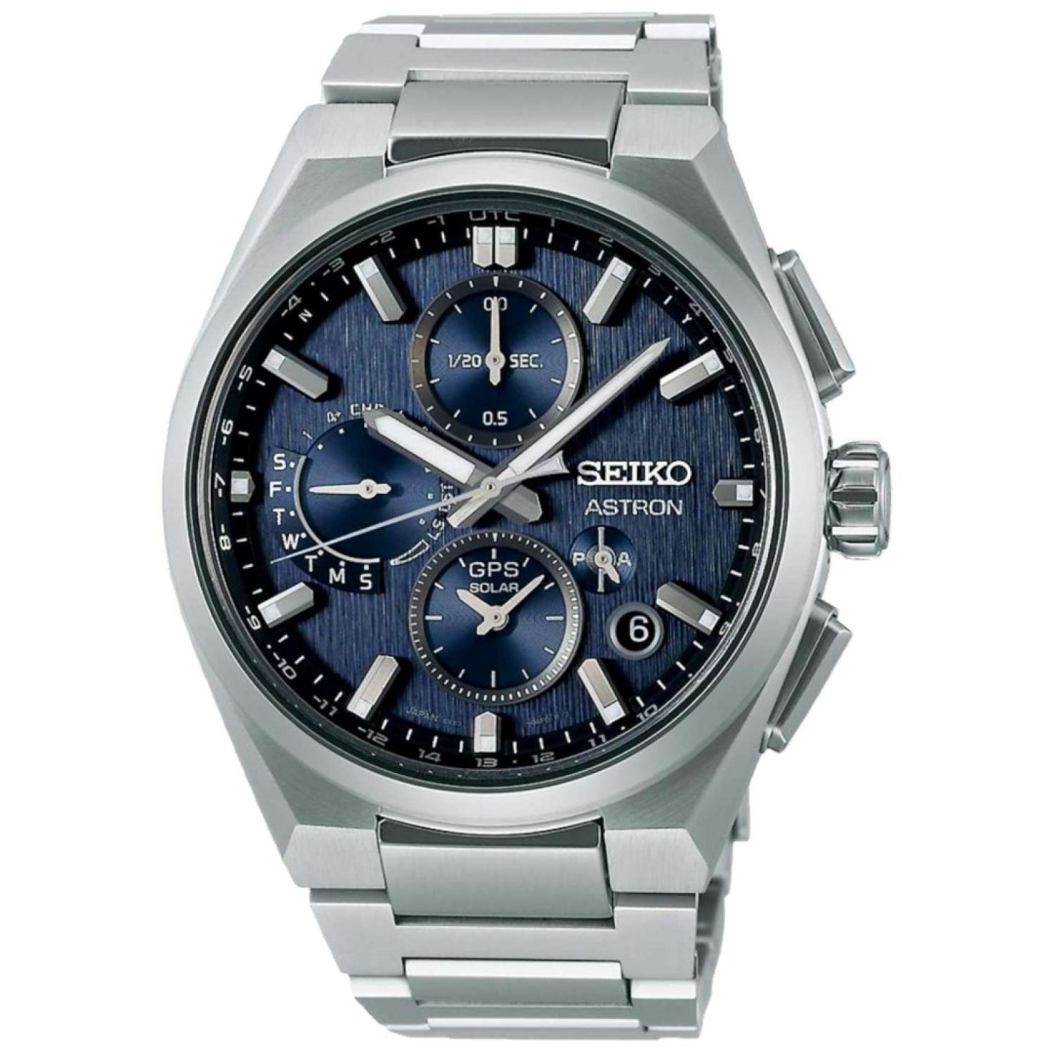 SSH161J Seiko Astron GPS Dual Time Chronograph – Seiko Watches NZ | Seiko's commitment to craftsmanship ensures that each watch is made with precision and attention to detail. SSH161J Seiko Astron GPS Dual Time Chronograph with titanium casing and blue textured dial.