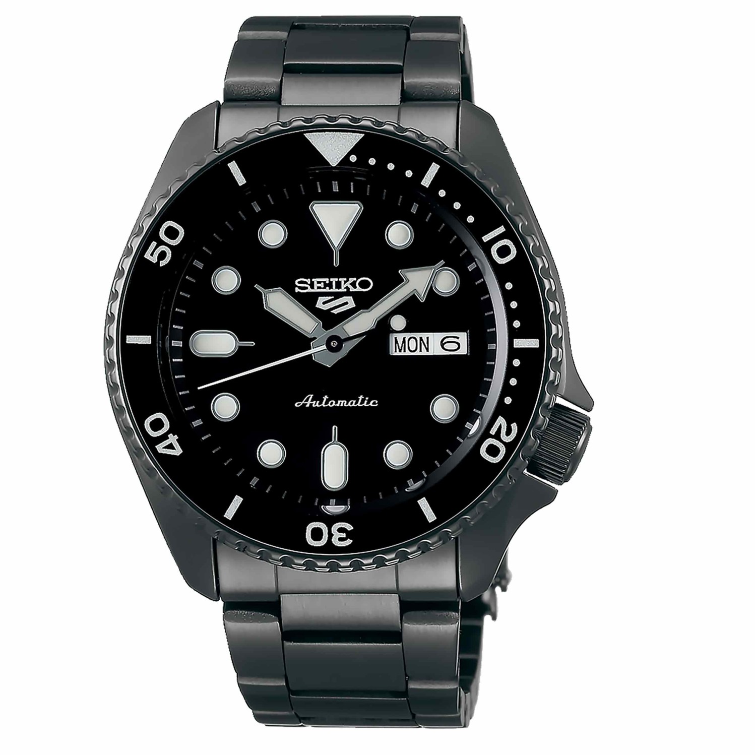 SRPD65K SEIKO 5 Mens Automatic Watch. Dark like midnight and with a brooding sense of style, the Seiko 5 SRPD65 is a versatile men’s divers style timepiece. Both the 100m water resistant case and bracelet are forged from stainless steel and hard-coated to