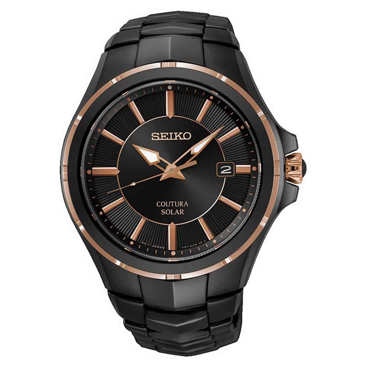 SNE516P SEIKO Coutura Sports Solar Watch. Unique and innovative in design is this mens watch from Seiko. This solar watch features a black face contrasting with a two tone rose gold and black band.3 Months No Payments and Interest for Q Card holders Oxipa
