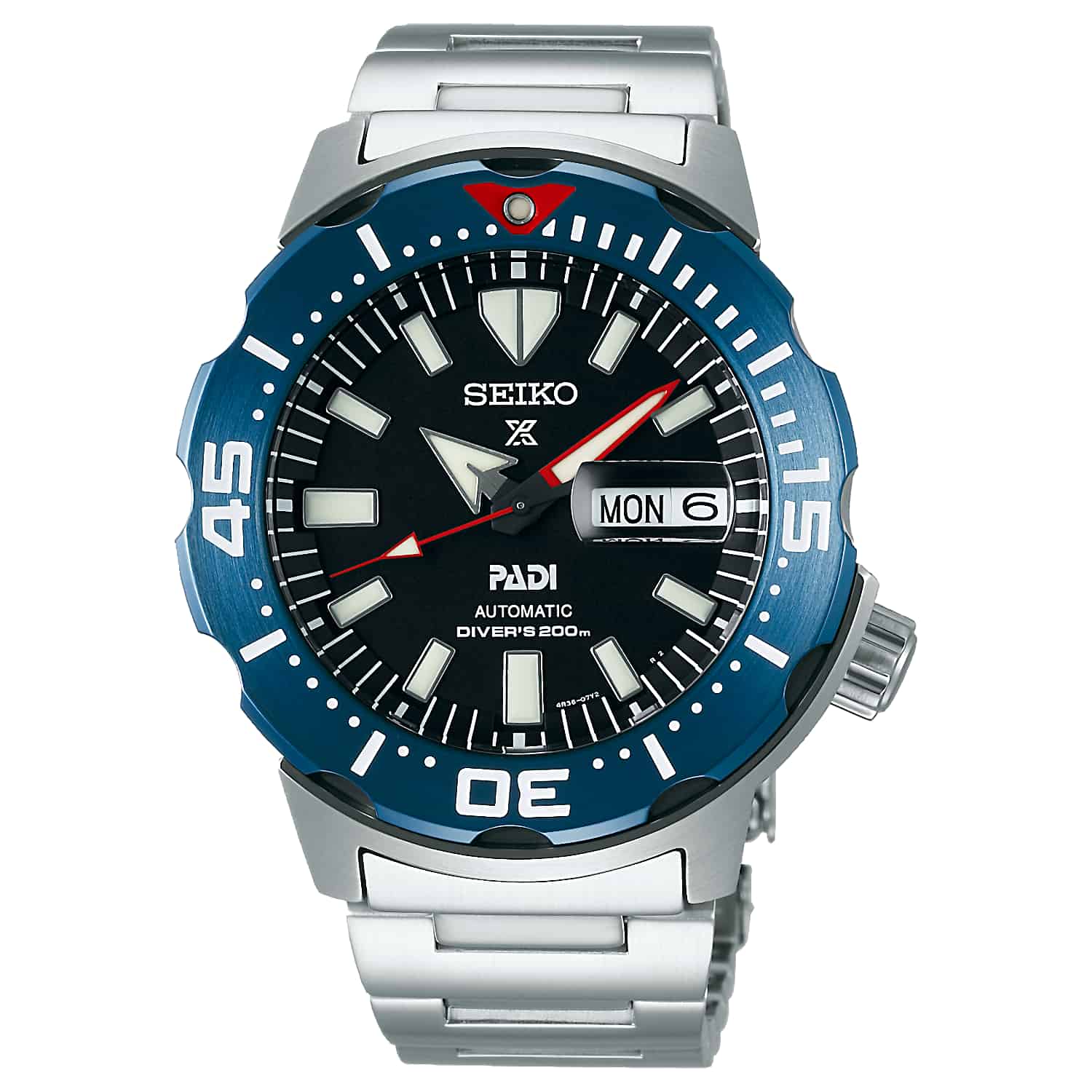 SRPE27K1 SEIKO Prospex PADI Automatic Divers Special Edition Watch.  The return of the Monster case, with the cool PADI colour scheme. The Seiko Monster has been updated, it remains faithful to the original 2001 concept and doesn’t lose its aggressive, bo