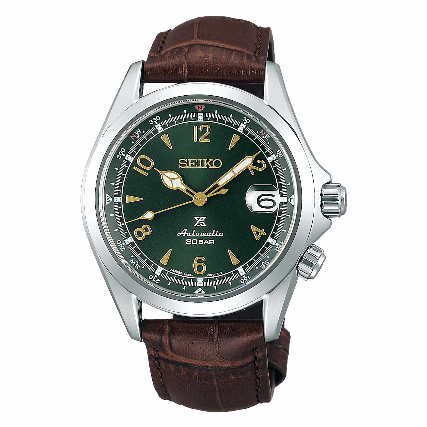 SPB121J1 SEIKO Prospex Alpinist Green Watch. The newest Alpinist Green SPB121J1 joins the pioneers to have a new movement; powered by Seiko’s latest automatic caliber, 6R35, which is an upgrade from the workhorse 6R15. It still operates at 21,600 BPH (3 H