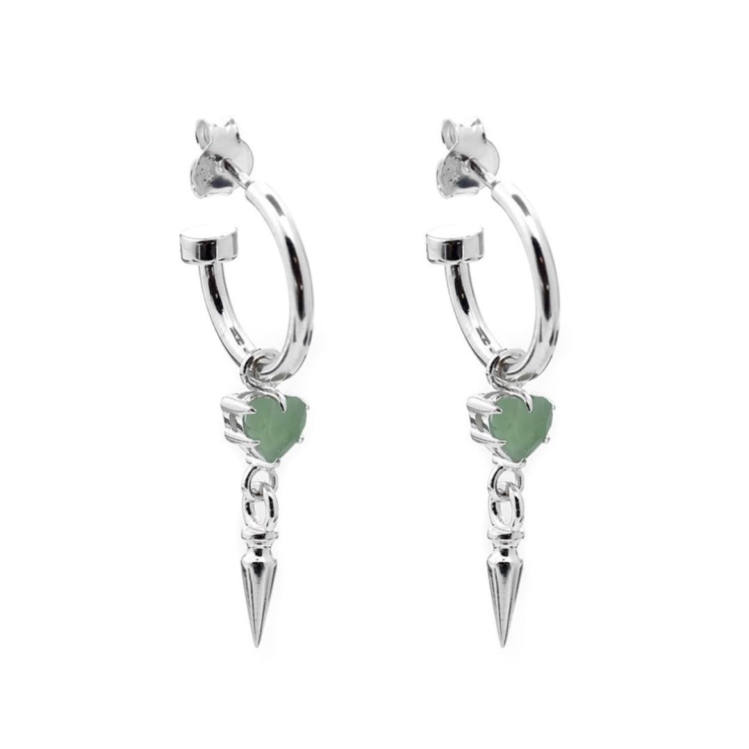 "PUNK SPIKE ANCHOR EARRINGS – Sterling Silver Hoops with Green Amethyst Heart and Spike Pendants PUNK SPIKE ANCHOR EARRINGS by Stolen Girlfriends Club, featuring sterling silver hoops adorned with green heart-shaped amethyst charms and bold spike pendants.