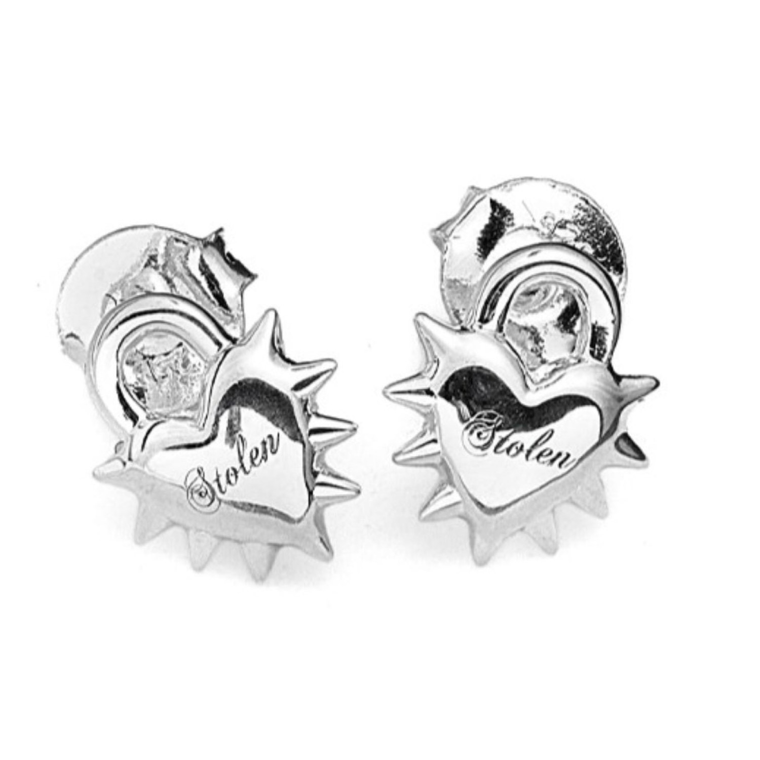Love Locket Stud Earrings – Romantic Silver Heart Padlock Design Love Locket Stud Earrings by Stolen Girlfriends Club Jewellery | Silver heart-shaped padlock earrings with spikes and 'Stolen' engraving, featuring a polished finish.