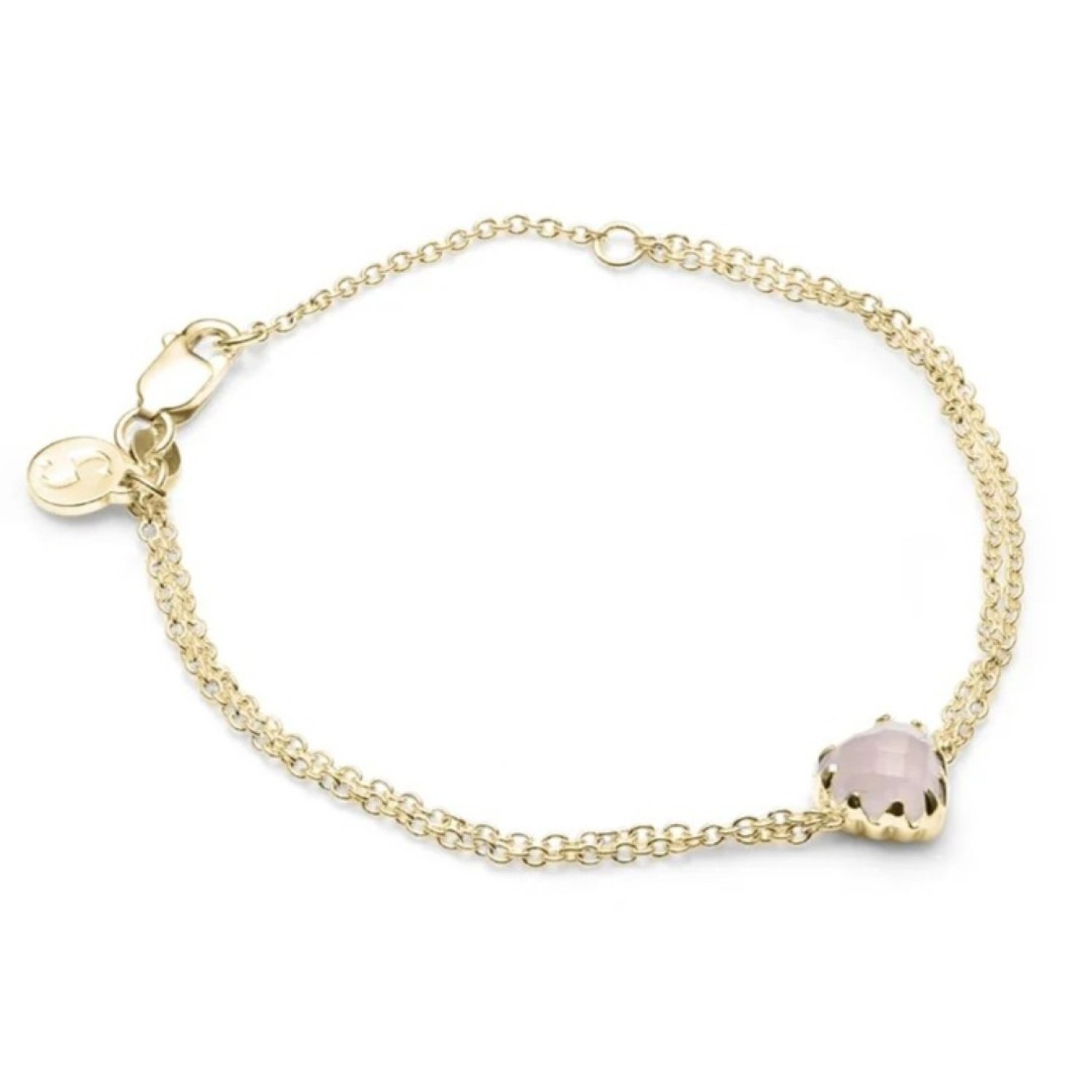 LOVE CLAW BRACELET ROSE QUARTZ - GOLD PLATED – Stolen Girlfriends Club Jewellery LOVE CLAW BRACELET ROSE QUARTZ - GOLD PLATED by Stolen Girlfriends Club Jewellery | Elegant gold-plated bracelet featuring a heart-shaped, checkerboard-cut Rose Quartz in a delicate claw setting, suspended between fine chains for a refined and timeless lo