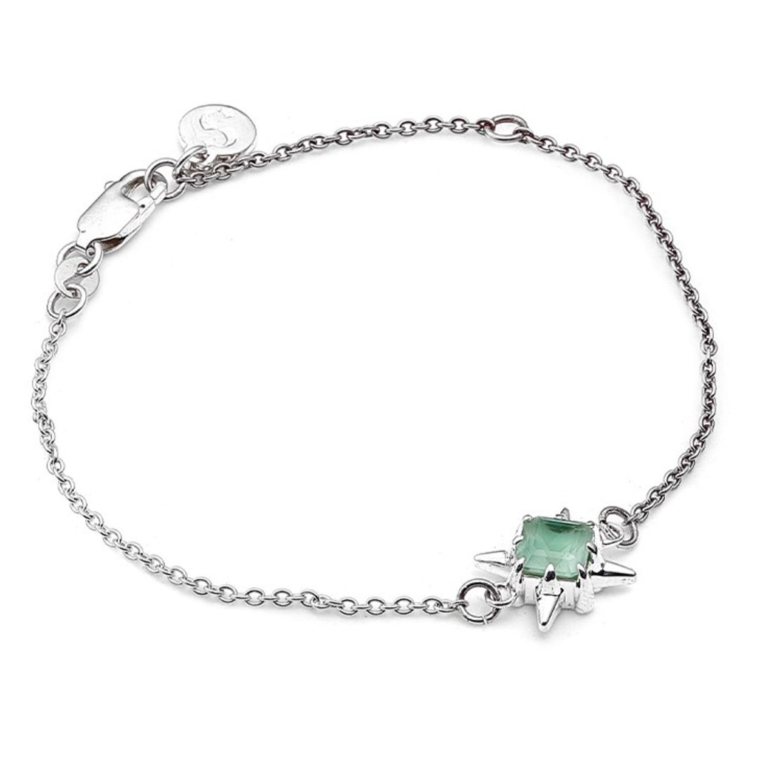 PRECIOUS PUNK BRACELET – Green Amethyst and Sterling Silver by Stolen Girlfriends Club PRECIOUS PUNK BRACELET by Stolen Girlfriends Club, featuring a delicate silver cable chain with a square-cut natural green amethyst stone set in a bold sterling silver charm. Includes a lobster clasp and a small circular tag for added detail.