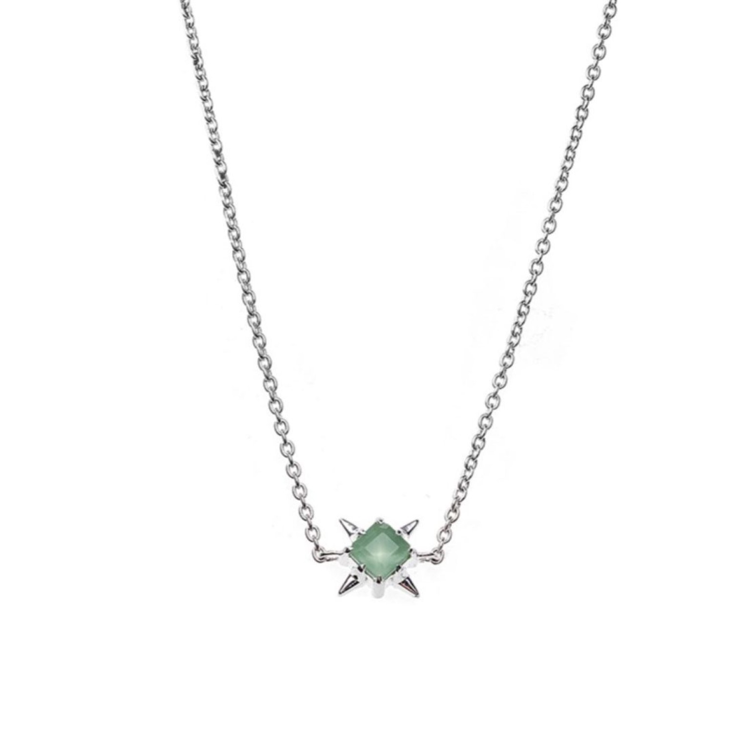 Stolen Punk Necklace - Green Amethyst – Stolen Girlfriends Club Jewellery Stolen Punk Necklace featuring a sterling silver chain with interlocking oval links and a star-shaped pendant, showcasing a square-cut green gemstone.