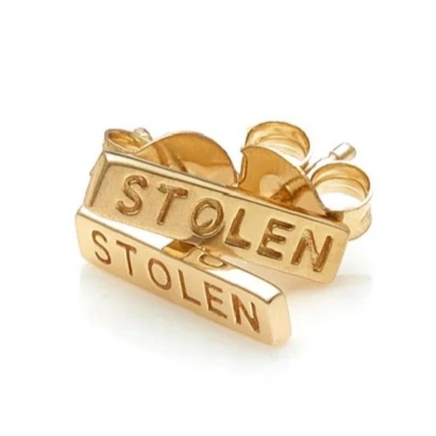 TINY STOLEN BAR EARRINGS - GOLD PLATED – Stolen Girlfriends Club Jewellery TINY STOLEN BAR EARRINGS - GOLD PLATED by Stolen Girlfriends Club Jewellery | Bar shaped earring with Stolen engraved with butterfly fastening