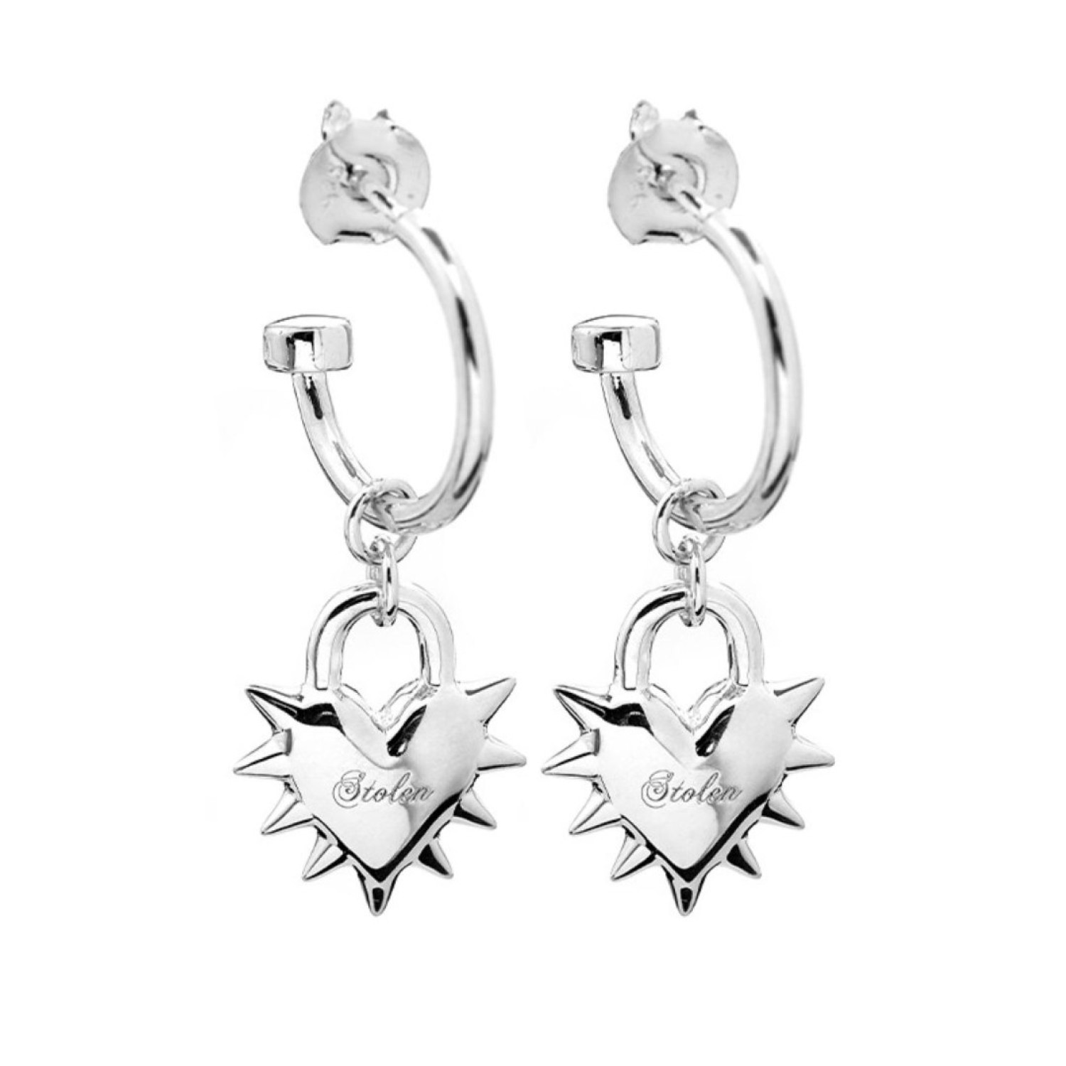 Love Locket Anchor Stud Earrings – Romantic Silver Heart Padlock Design – Stolen Girlfriends Club Jewellery Love Locket Anchor Stud Earrings – Silver heart-shaped padlock earrings with spikes and 'Stolen' engraving, featuring a polished finish.