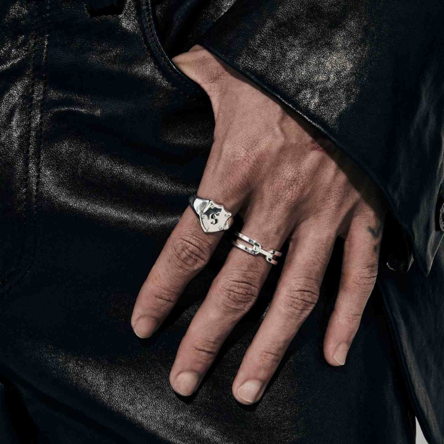 SHIELD SIGNET RING – Stolen Girlfriends Club Jewellery SHIELD SIGNET RING by Stolen Girlfriends Club Jewellery | Silver shield signet ring with an engraved letter 'S' and four small raised elements at the corners of the shield