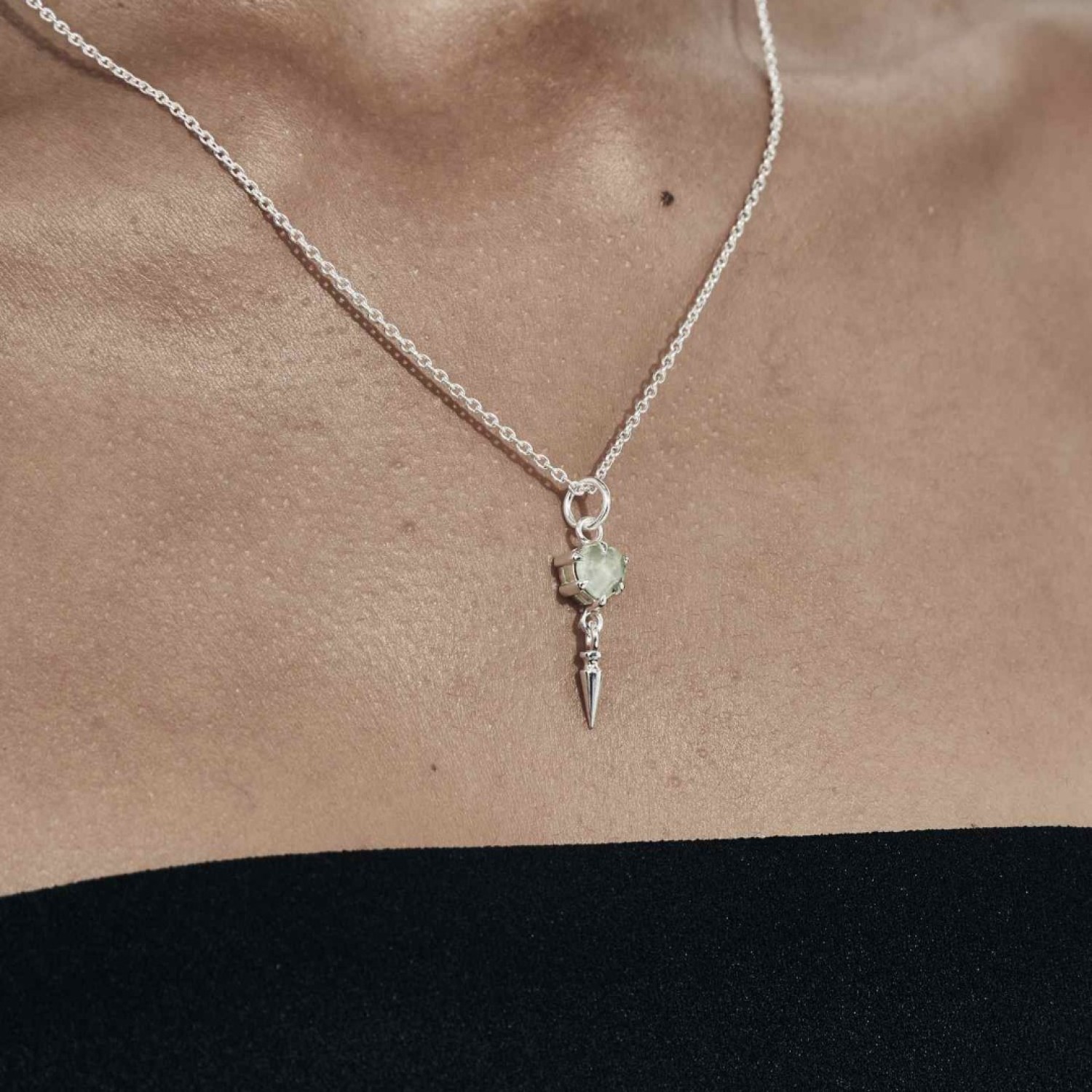 Stolen Punk Spike Necklace - Green Amethyst – Stolen Girlfriends Club Jewellery Stolen Punk Spike Necklace - Green Amethyst by Stolen Girlfriends Club Jewellery | Featuring a sterling silver chain with a heart-shaped green amethyst pendant and a bold silver spike accent, creating a striking blend of elegance and edge.