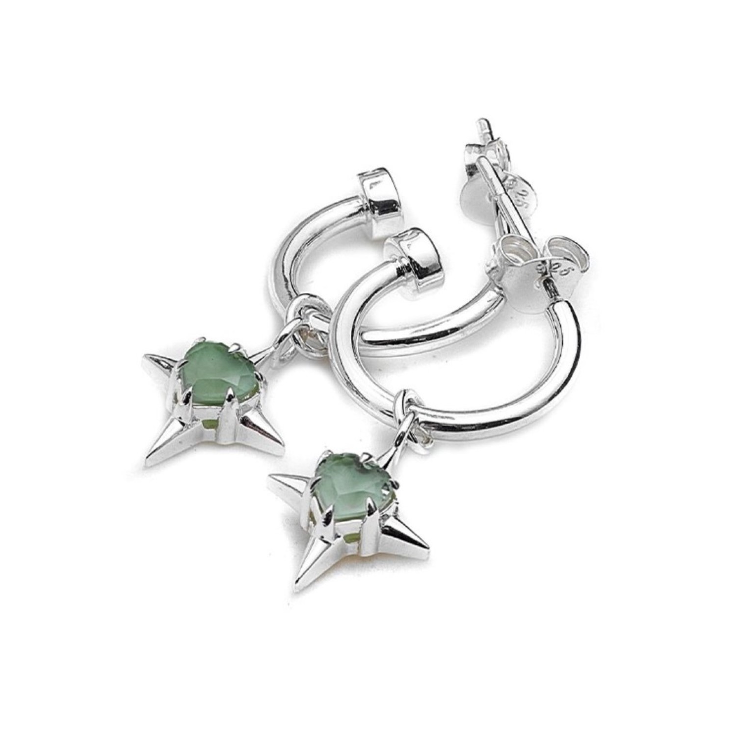 PRECIOUS PUNK ANCHOR EARRINGS – Sterling Silver Hoops with Green Amethyst Heart Charms PRECIOUS PUNK ANCHOR EARRINGS by Stolen Girlfriends Club, featuring heart-shaped green amethyst stones suspended on polished sterling silver hoops with butterfly fastenings.