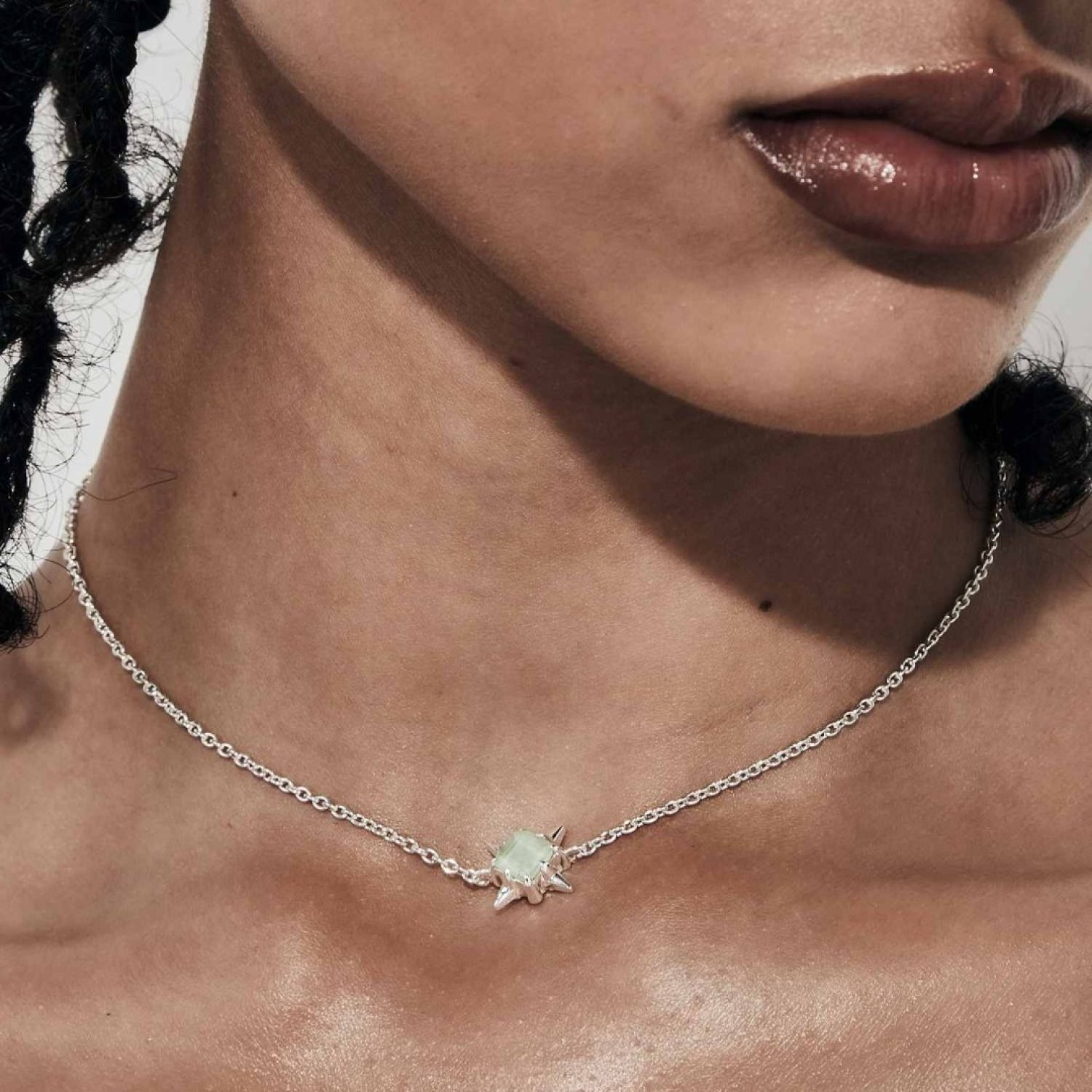 Stolen Punk Necklace - Green Amethyst – Stolen Girlfriends Club Jewellery Stolen Punk Necklace featuring a sterling silver chain with interlocking oval links and a star-shaped pendant, showcasing a square-cut green gemstone.