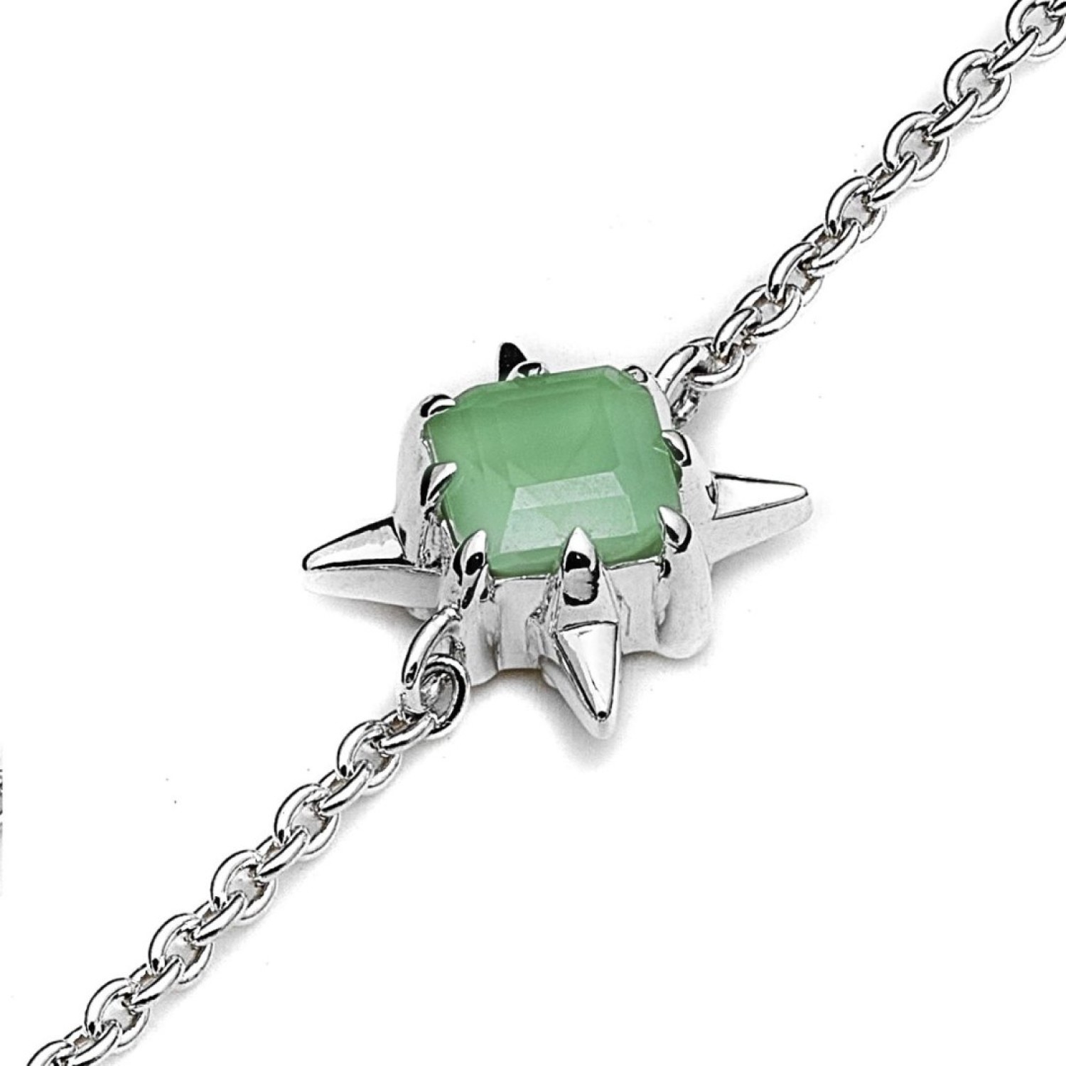 PRECIOUS PUNK BRACELET – Green Amethyst and Sterling Silver by Stolen Girlfriends Club PRECIOUS PUNK BRACELET by Stolen Girlfriends Club, featuring a delicate silver cable chain with a square-cut natural green amethyst stone set in a bold sterling silver charm. Includes a lobster clasp and a small circular tag for added detail.
