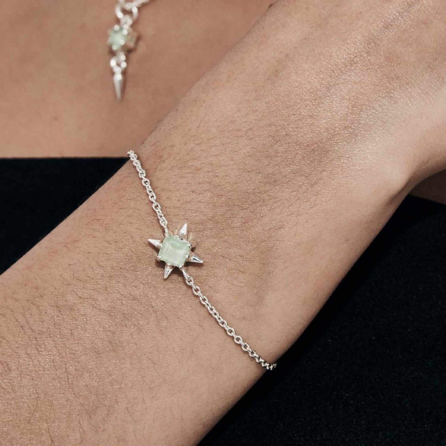 PRECIOUS PUNK BRACELET – Green Amethyst and Sterling Silver by Stolen Girlfriends Club PRECIOUS PUNK BRACELET by Stolen Girlfriends Club, featuring a delicate silver cable chain with a square-cut natural green amethyst stone set in a bold sterling silver charm. Includes a lobster clasp and a small circular tag for added detail.