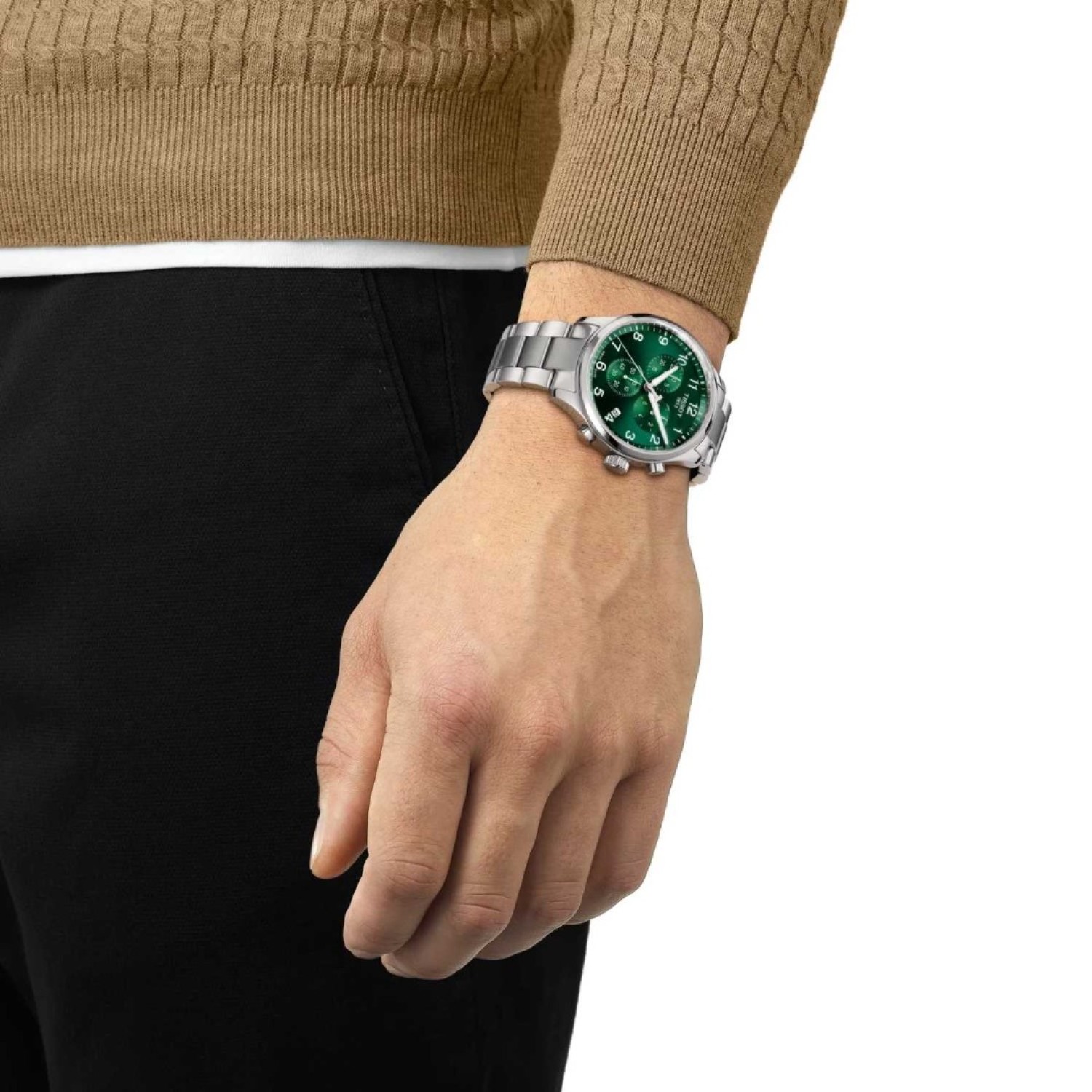 Christies Jewellery - TISSOT Chrono XL Classic T1166171109200 Auckland NZ Elegant TISSOT Chrono XL Classic T1166171109200 wristwatch with a sleek stainless-steel band, green dial, and chronograph features.