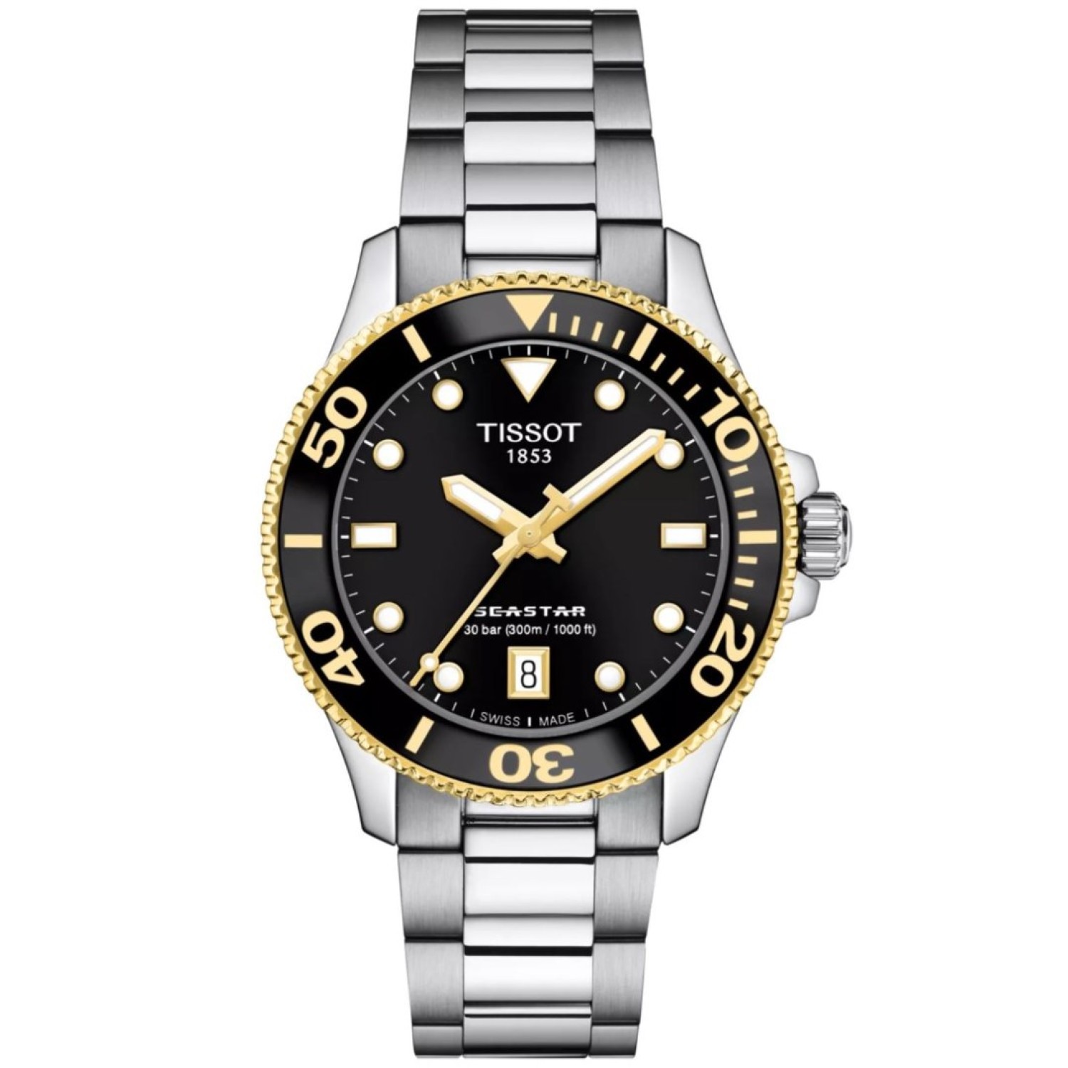 Christies Jewellery - Tissot Seastar 1000 T Sport 36MM T1202102105100 Auckland NZ Tissot Seastar 1000 T Sport 36MM T1202102105100 with stainless steel casing and black and gold bezel