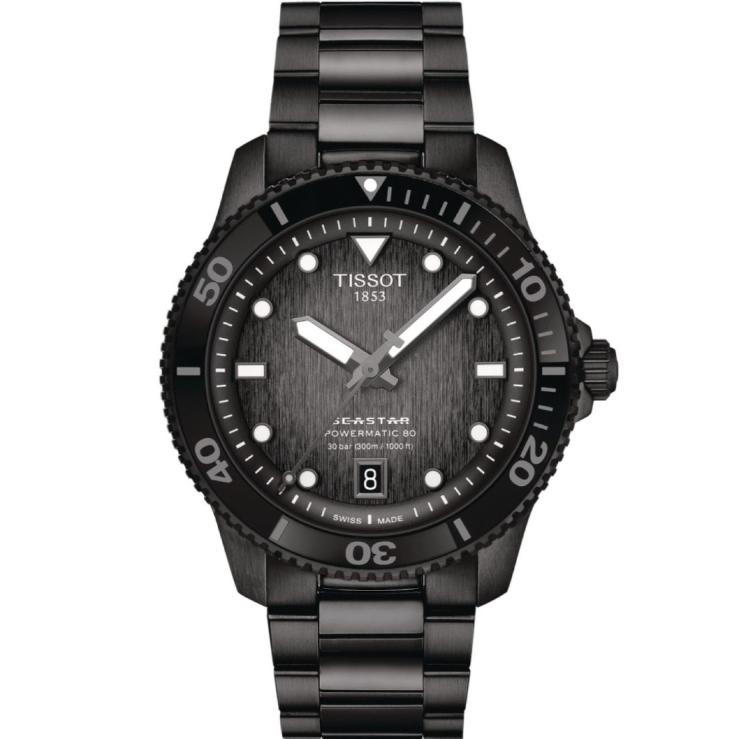 Christies Jewellery - Tissot Seastar 1000 Powermatic GMT 40MM T1208073305100 Auckland NZ Tissot Seastar 1000 Powermatic GMT 40MM T1208073305100 watch with black PVD-coated stainless steel case and graded grey-black dial.