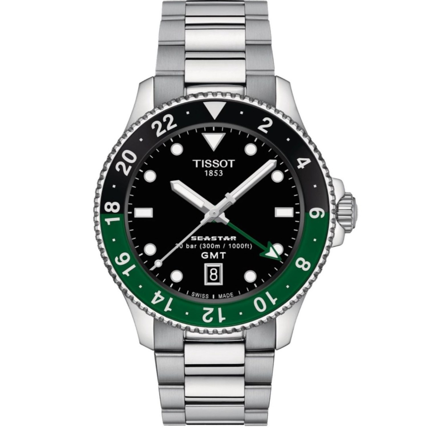 Christies Jewellery - Tissot Seastar 1000 Quartz GMT T1208521105100 Auckland NZ Tissot Seastar 1000 Quartz GMT T1208521105100 with stainless steel casing, black dial, and black-green bezel.