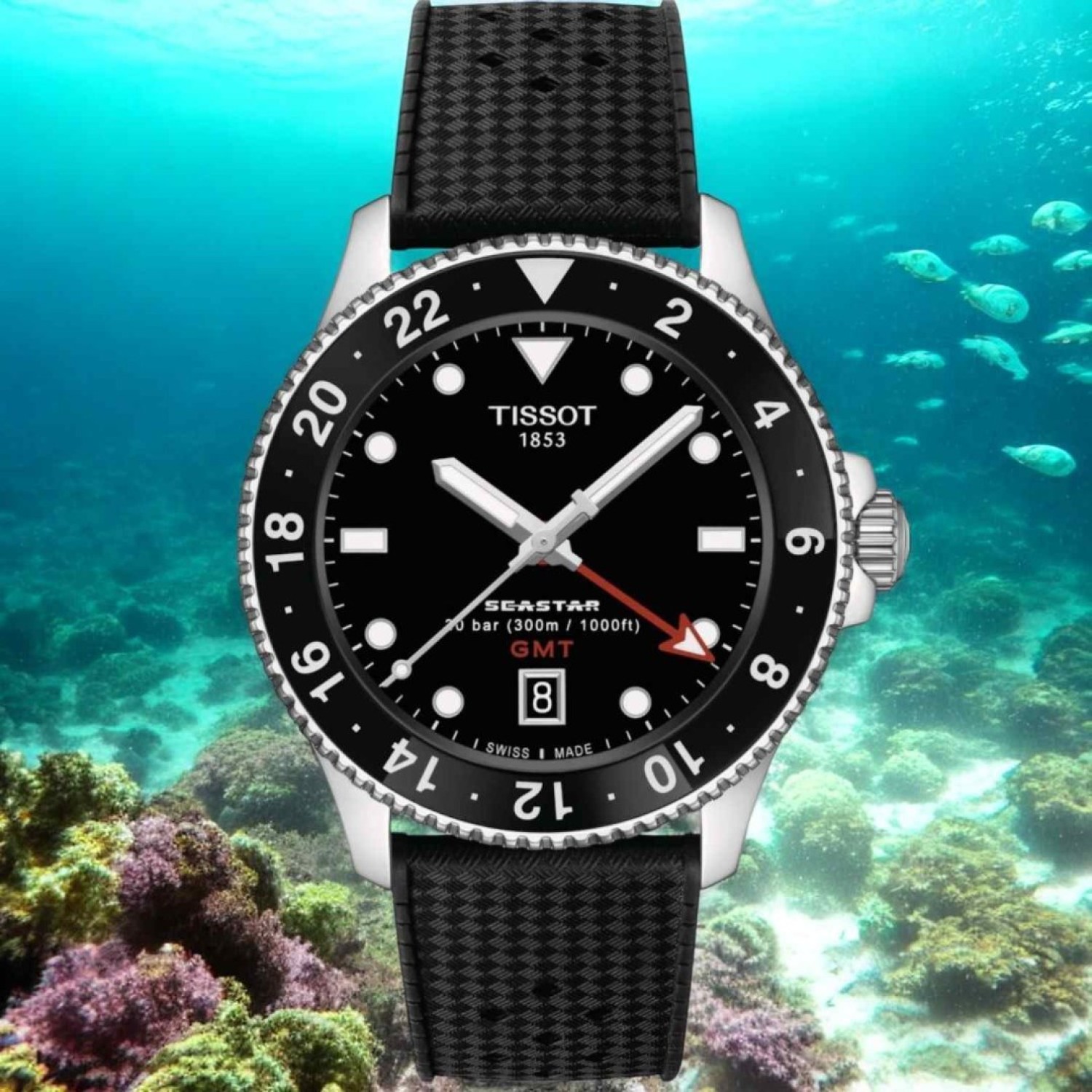 Christies Jewellery - Tissot Seastar 1000 Quartz GMT T1208521705100 Auckland NZ Tissot Seastar 1000 Quartz GMT T1208521705100 with black rubber strap and black dial.