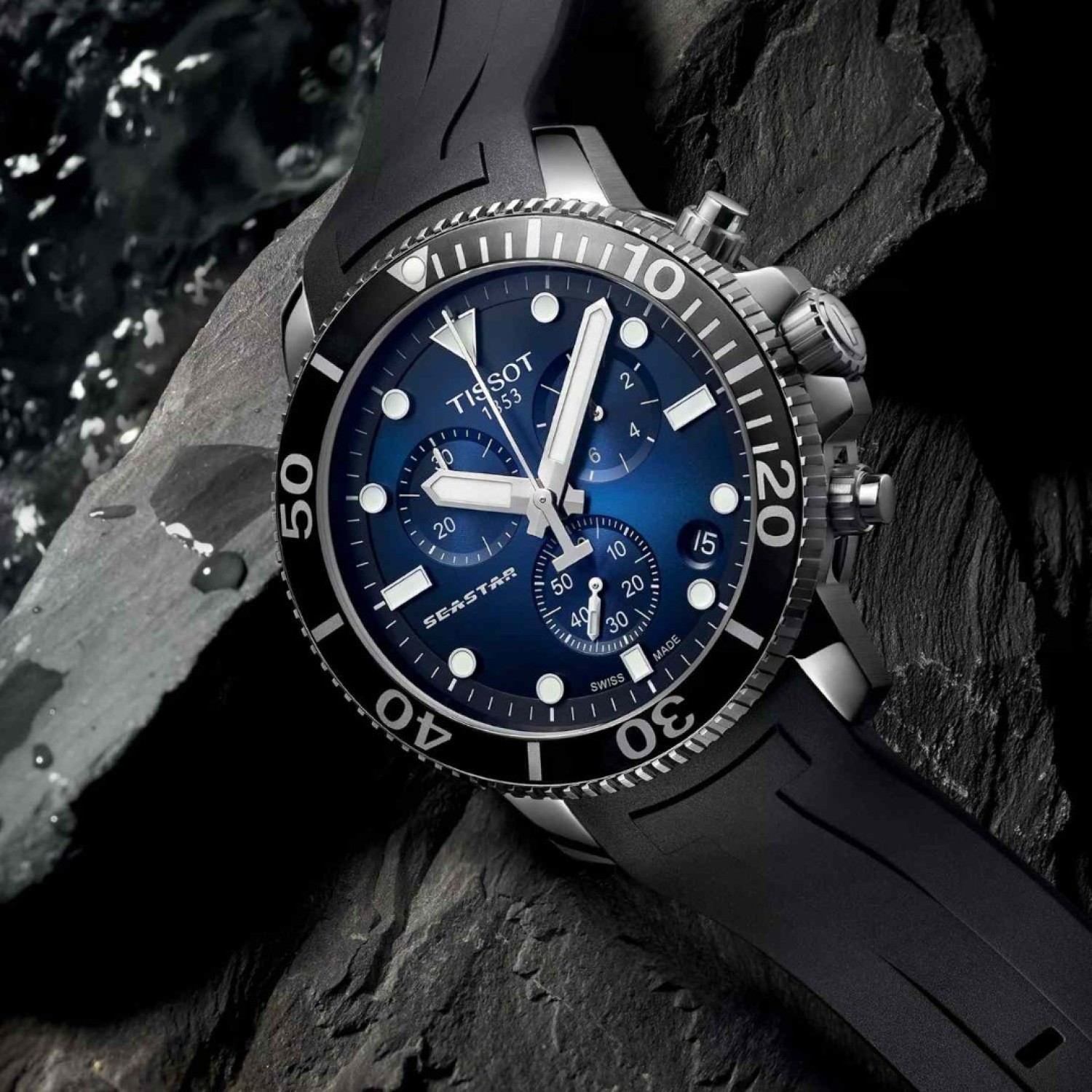 TISSOT Seastar 1000 Chronograph – Deep Blue Dial, Black Silicone Strap – NZ Stockist