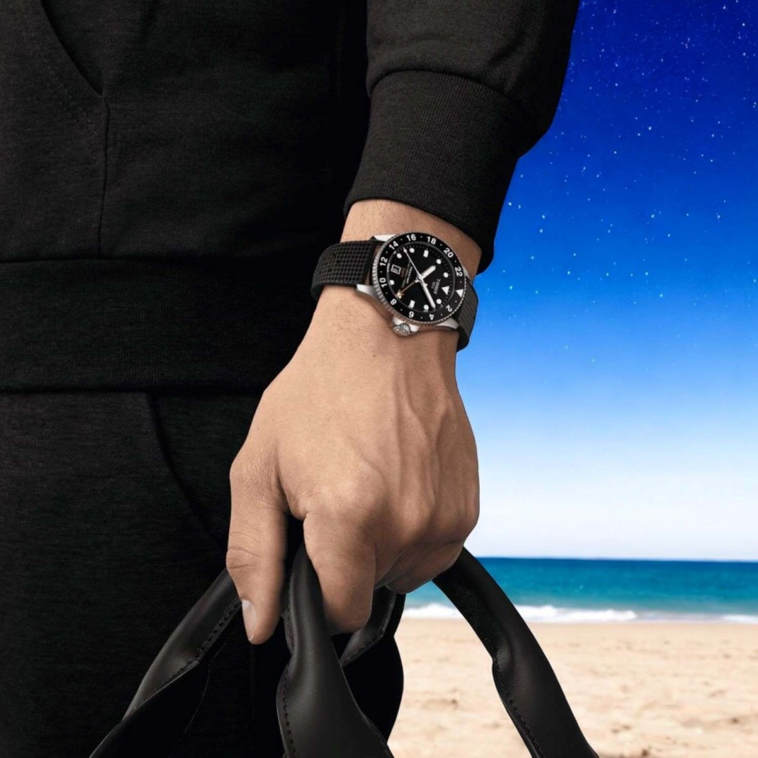 Christies Jewellery - Tissot Seastar 1000 Quartz GMT T1208521705100 Auckland NZ Tissot Seastar 1000 Quartz GMT T1208521705100 with black rubber strap and black dial.