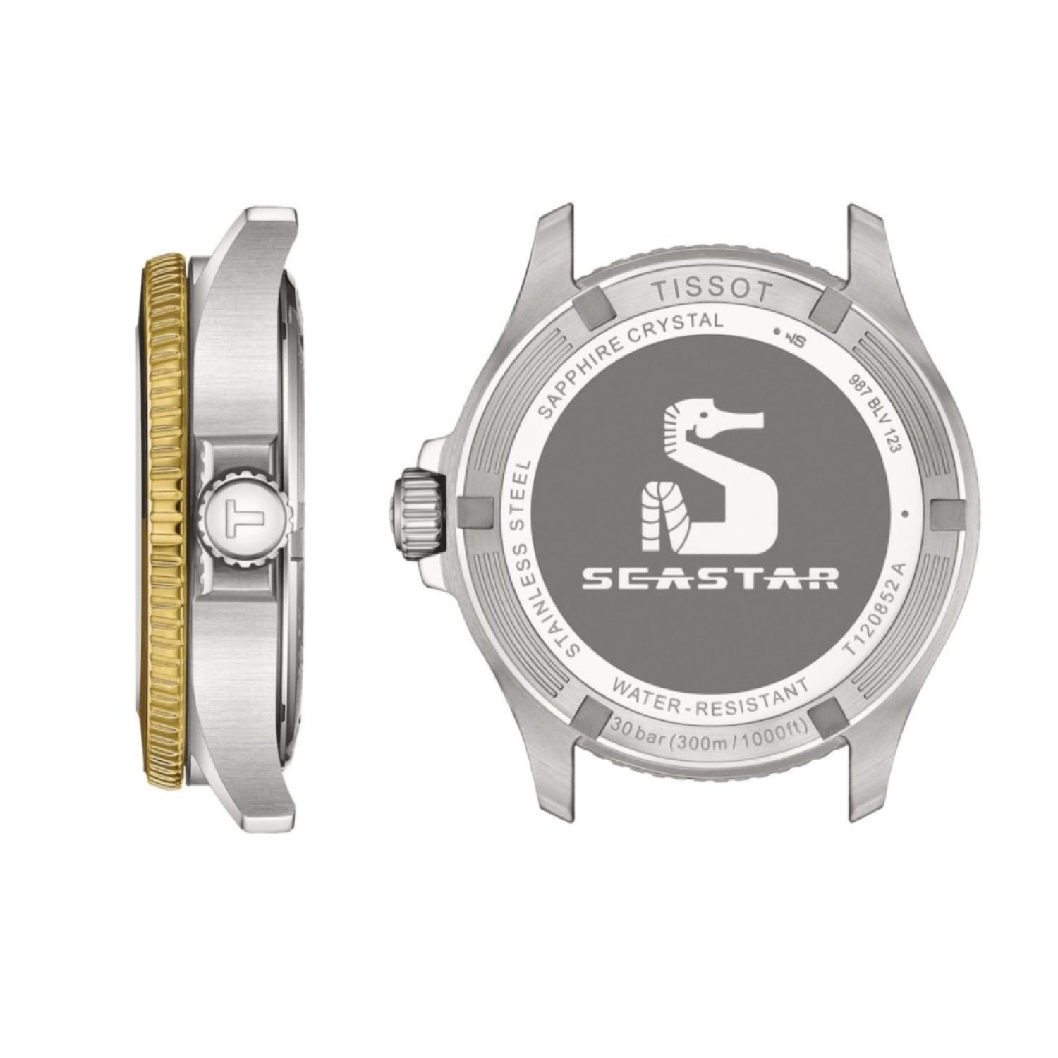 Christies Jewellery - Tissot Seastar 1000 Quartz GMT T1208522205100 Auckland NZ Tissot Seastar 1000 Quartz GMT T1208522205100 with two-tone gold and silver stainless steel casing, black dial, and black-brown bezel
