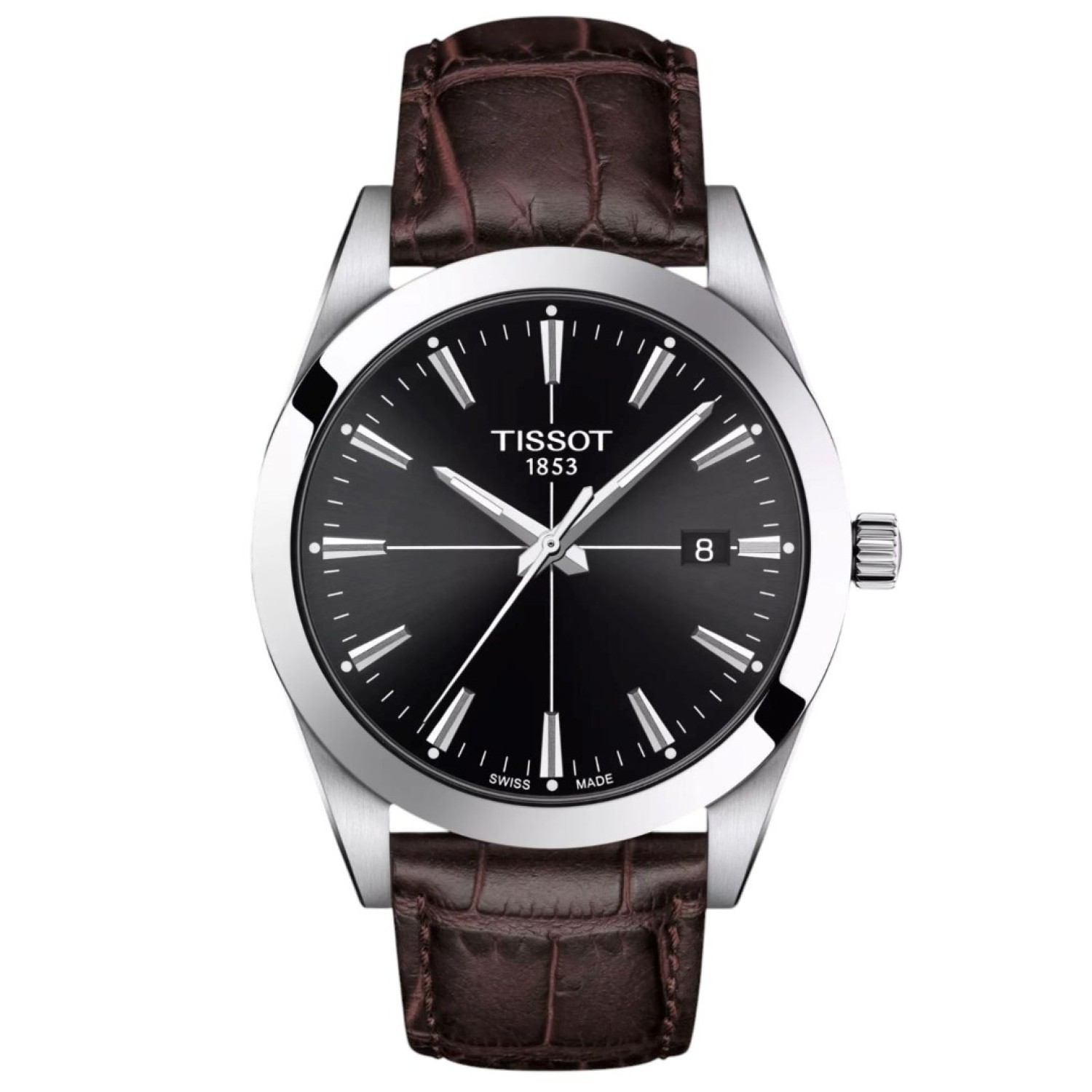 Tissot Gentleman T1274101605101 – Timeless Elegance with Black Dial and Brown Leather Strap Tissot Gentleman T1274101605101 wristwatch with a black dial, silver markers, and brown leather strap – by Tissot Watches NZ.