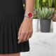 Tissot PRX 35MM Quartz Red Dial T1372101142100 by Tissot Watches NZ | Red Tissot PRX wristwatch with a stainless steel dial, silver hour markers, a date window at 3 o'clock, and 'PRX' elegantly inscribed above the 6 o'clock position.