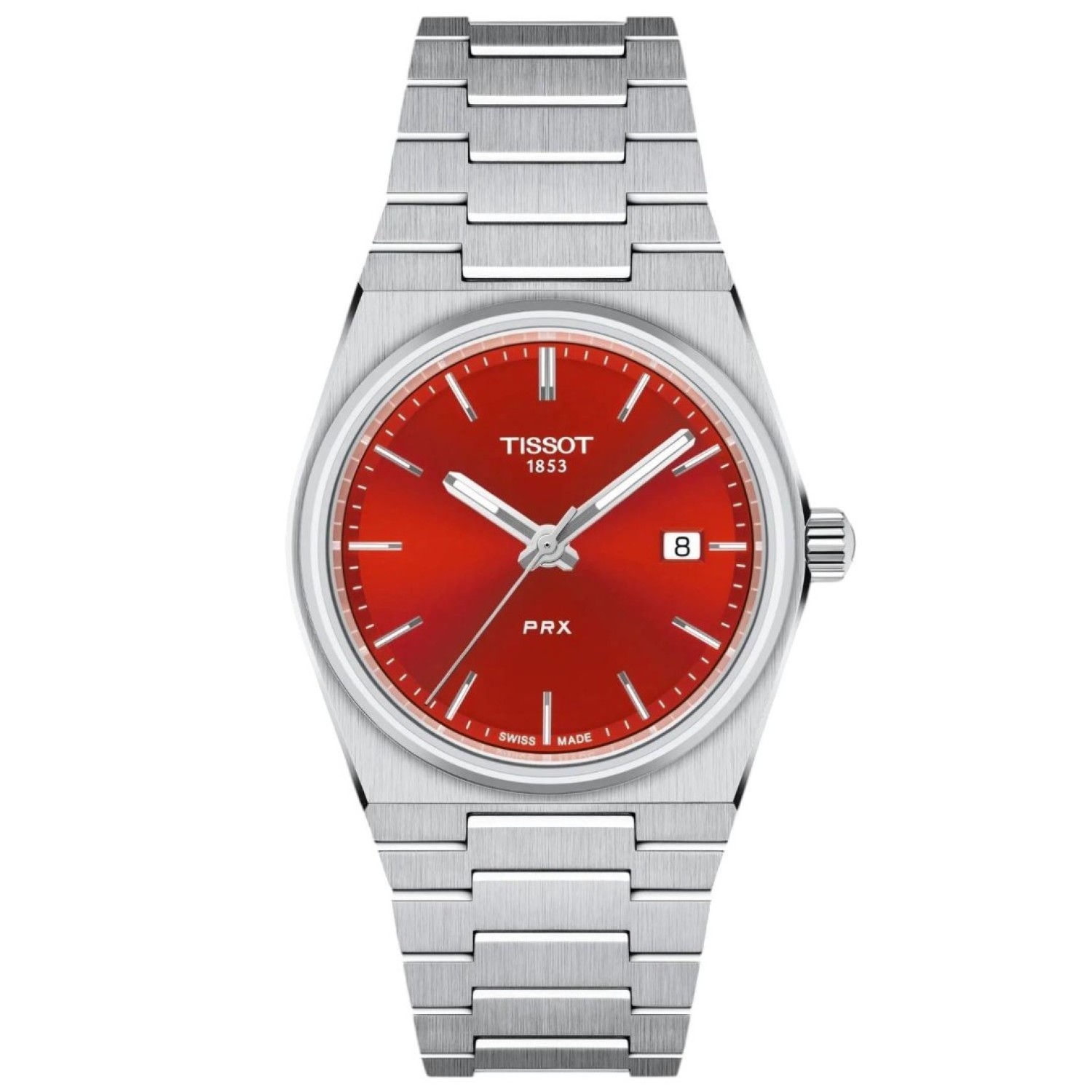 Tissot PRX 35MM Quartz Red Dial T1372101142100 – Tissot Watches NZ Tissot PRX 35MM Quartz Red Dial T1372101142100 by Tissot Watches NZ | Red Tissot PRX wristwatch with a stainless steel dial, silver hour markers, a date window at 3 o'clock, and 'PRX' elegantly inscribed above the 6 o'clock position.