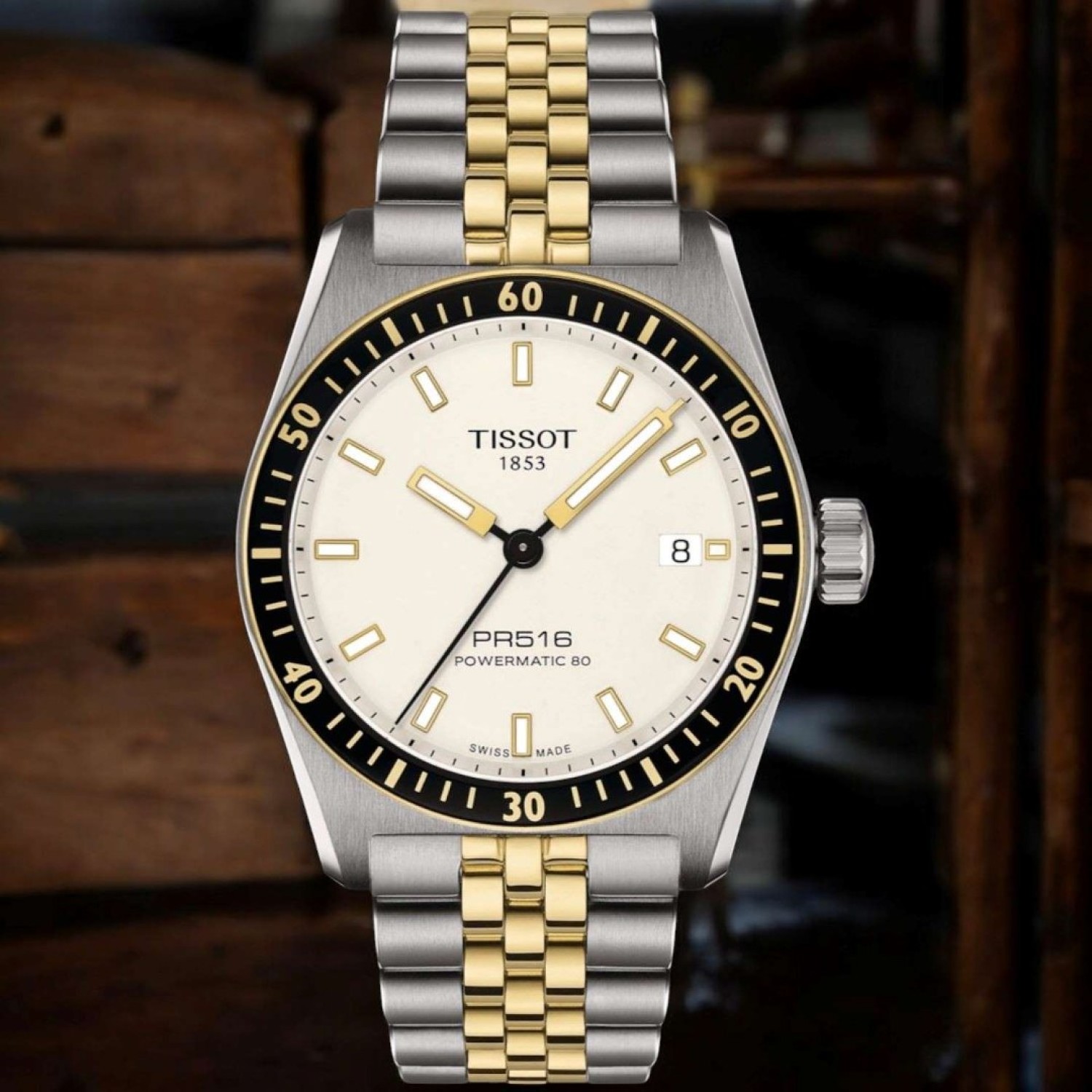 Christies Jewellery - Tissot PR516 Bi-Tone Powermatic 80 T1494072201100 Auckland NZ Tissot PR516 Bi-Tone Powermatic 80 T1494072201100 - Elegant and Precise Timepiece - White dial with Bi-Tone jubliee strap