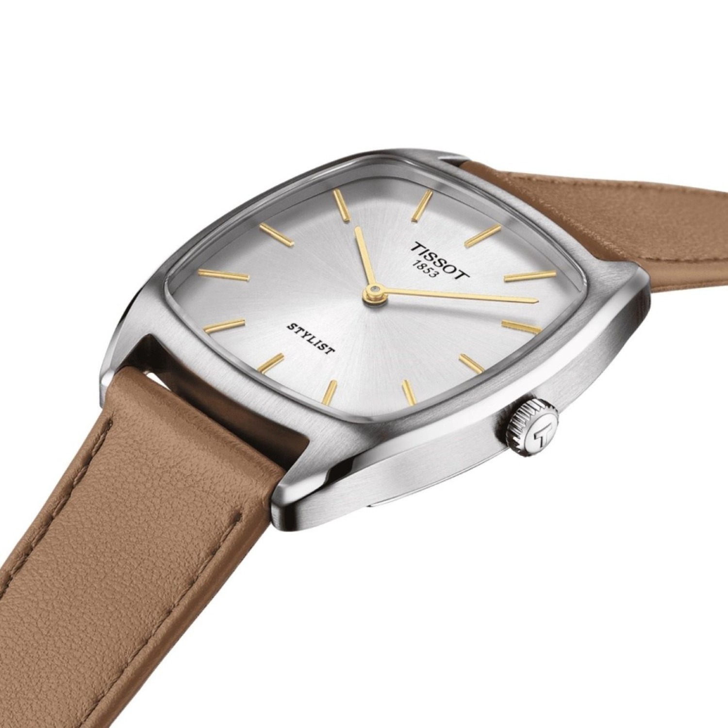 Christies Jewellery - Tissot Stylist Silver Dial Leather Strap Watch T1599091603100 Auckland NZ Tissot Stylist Silver Dial Leather Strap Watch T1599091603100 T159.909.16.031.00 with gold hands and markings on dial