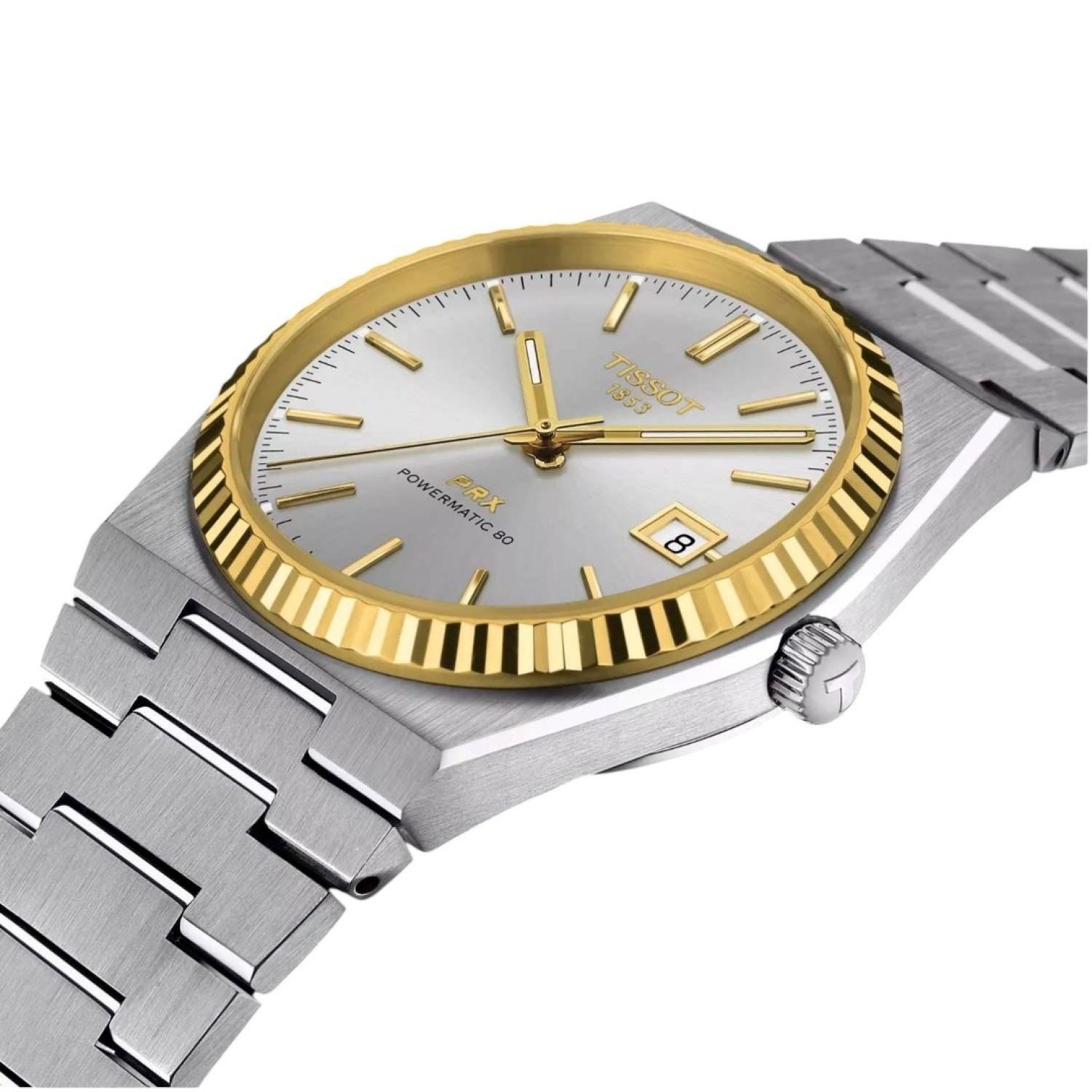 Tissot PRX Powermatic 80 18K Gold Bezel 40mm T9314074103101 by Tissot Watches NZ | TISSOT PRX Powermatic 80 wristwatch featuring a stainless steel bracelet, a silver dial, and a yellow gold bezel. Includes sleek hour markers, gold hands, and a date window