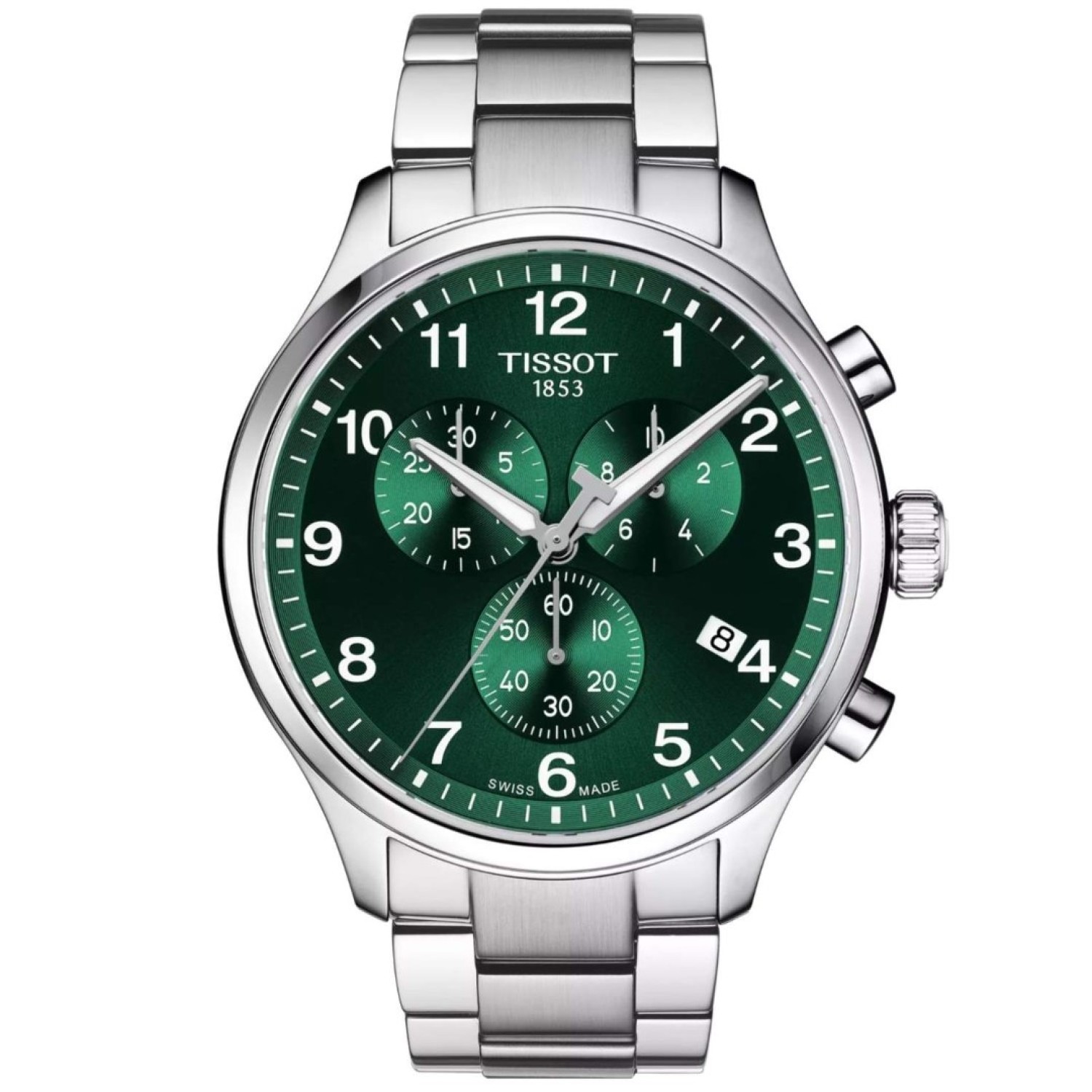Elegant TISSOT Chrono XL Classic T1166171109200 wristwatch with a sleek stainless-steel band, green dial, and chronograph features.