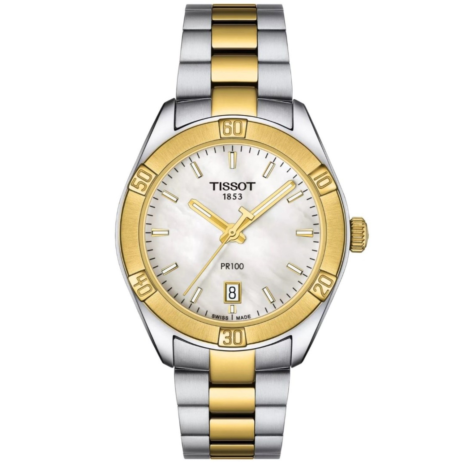 Christies Jewellery - TISSOT PR 100 Diamond Sport Chic T1019102211100 Auckland NZ TISSOT PR 100 Diamond Sport Chic T1019102211100 with Stainless Steel and 2 tone Gold and silver PVD Bracelet White Mother of Pearl Dial.