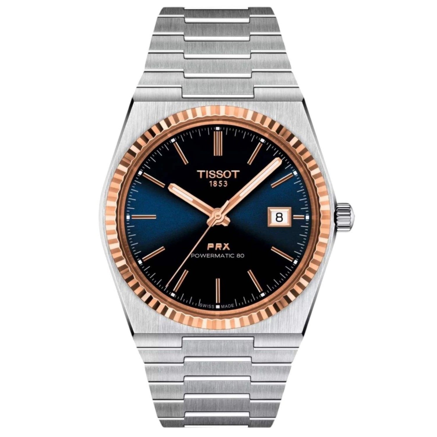 TISSOT PRX Powermatic 80 18K Gold Bezel 40mm T9314074104100 – Tissot Watches NZ TISSOT PRX Powermatic 80 18K Gold Bezel 40mm T9314074104100 by Tissot Watches NZ | Tissot PRX Powermatic 80 with a rose gold bezel, black dial, and stainless steel bracelet, featuring sleek hour markers and a date window at 3 o'clock.