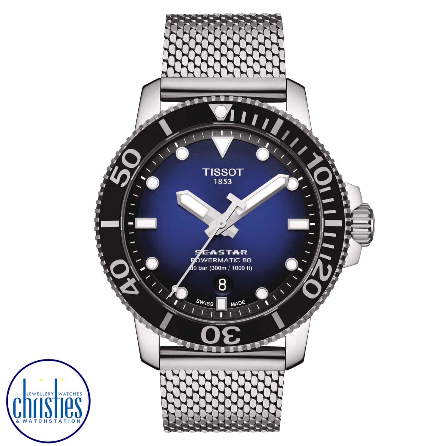 TISSOT Seastar 1000 Chronograph T-Sport T1204071104102. The Tissot Seastar 1000 Chronograph is the instinctive choice for water sports lovers. Its impressive water-resistance up to a pressure of 30 bar (300 m/1000 ft) is combined with the energy of a 