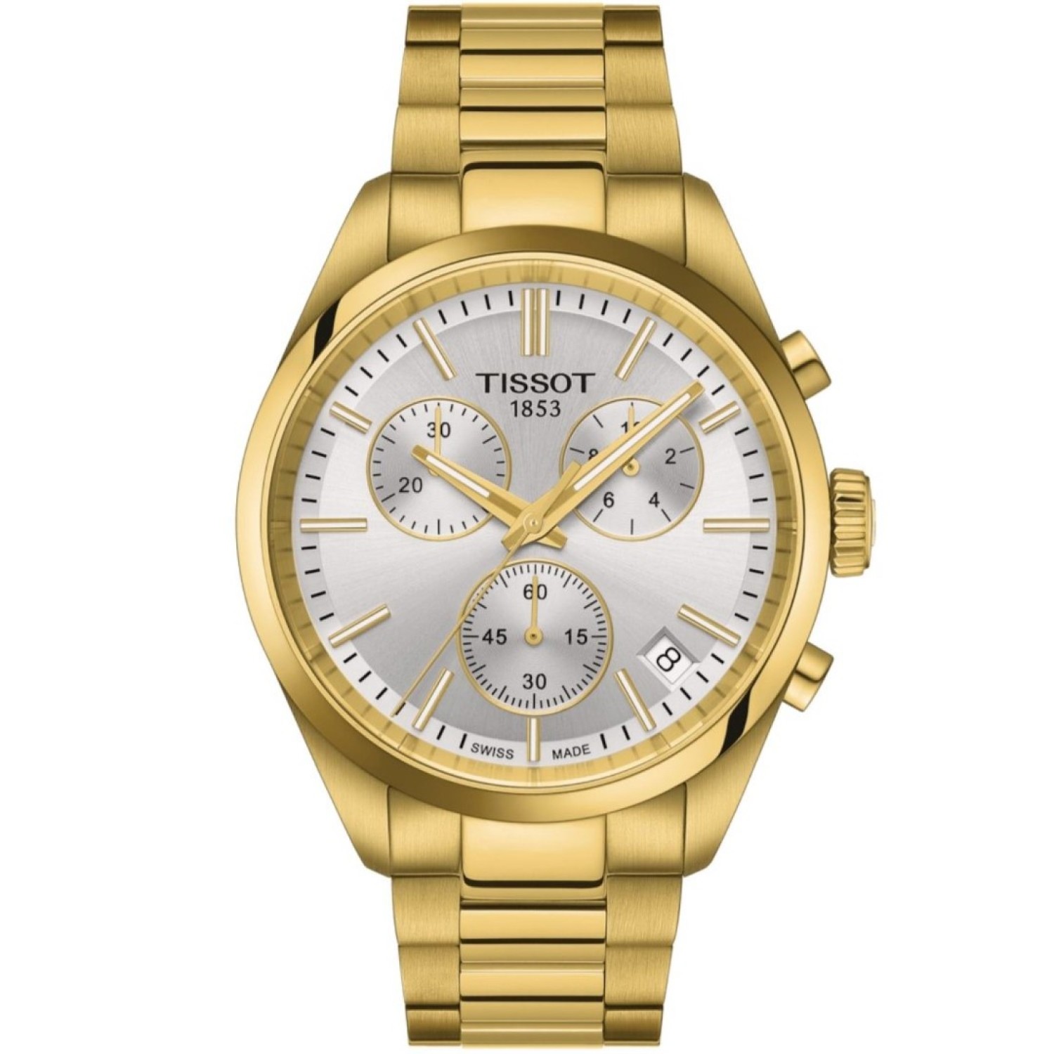 Tissot PR100 Chronograph Gold Tone Watch T1504173303100 with gold casing and chronograph functions 