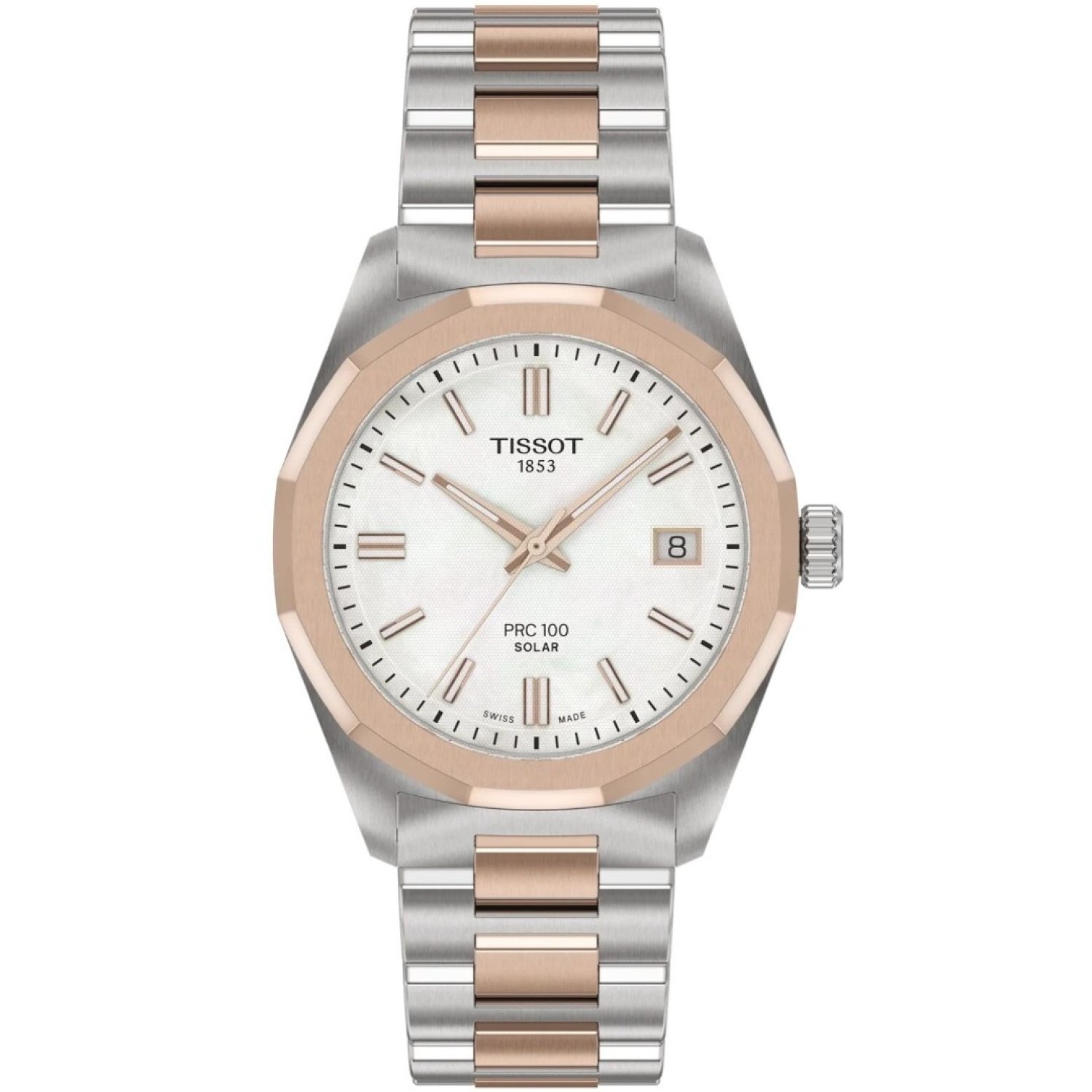 Tissot PRC 100 Solar 34mm – MOP Dial, Two‑Tone Rose Gold & Silver Bracelet | T1518222211100 – Tissot Watches NZ | Order now for Fast Free Delivery and 7 Day NZ support online and Instore at our Auckland Stores. Tissot PRC 100 Solar 34mm – MOP Dial, Two‑Tone Rose Gold & Silver Bracelet | T1518222211100 – Tissot Watches NZ