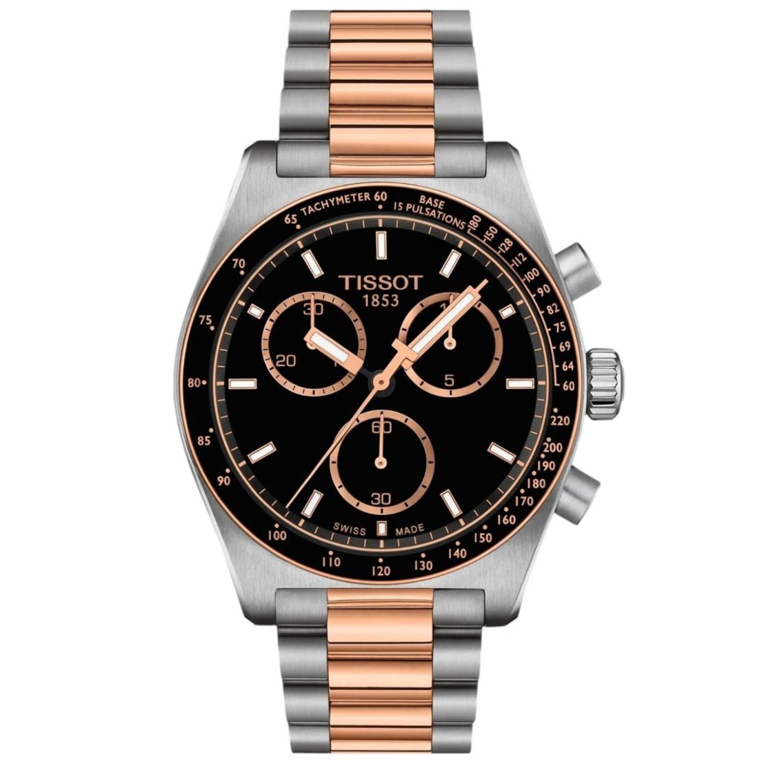 Tissot PRS 516 Bi-Tone Chronograph Watch T1494172205101 – Tissot Watches NZ Tissot PRS 516 Bi-Tone Chronograph Watch T1494172205101 by Tissot Watches NZ | Bi-tone Tissot PRS 516 chronograph watch with a black dial, rose gold accents, three sub-dials, and a stainless steel and rose gold bracelet. The tachymeter scale and sleek des