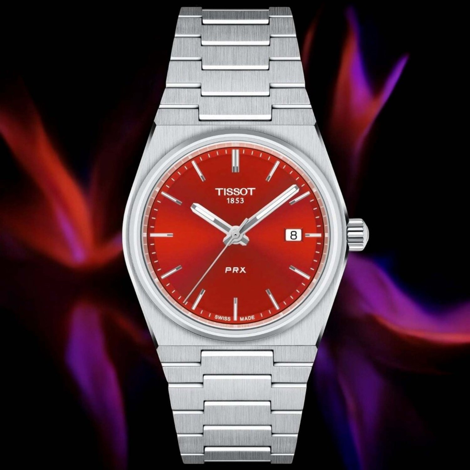 Tissot PRX 35MM Quartz Red Dial T1372101142100 – Tissot Watches NZ Tissot PRX 35MM Quartz Red Dial T1372101142100 by Tissot Watches NZ | Red Tissot PRX wristwatch with a stainless steel dial, silver hour markers, a date window at 3 o'clock, and 'PRX' elegantly inscribed above the 6 o'clock position.